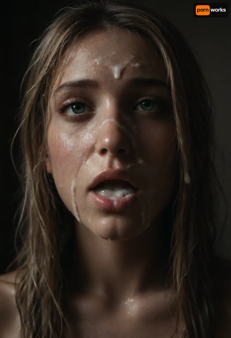 photo, portrait, long shot of a couple fucking, (beauty:1.8), (blonde hair), (green eyes), (hairy pussy:1.2), (wet hair:1.7), (bangs:1.3), (detailed cum:1.5), (extreme cum on face:1.6), (cum on lips:1.2), (open mouth:1), (imperfect skin:1.2), <lora:dark:.8>, <lora:Sweaty_Realism_4-000006:1.5>