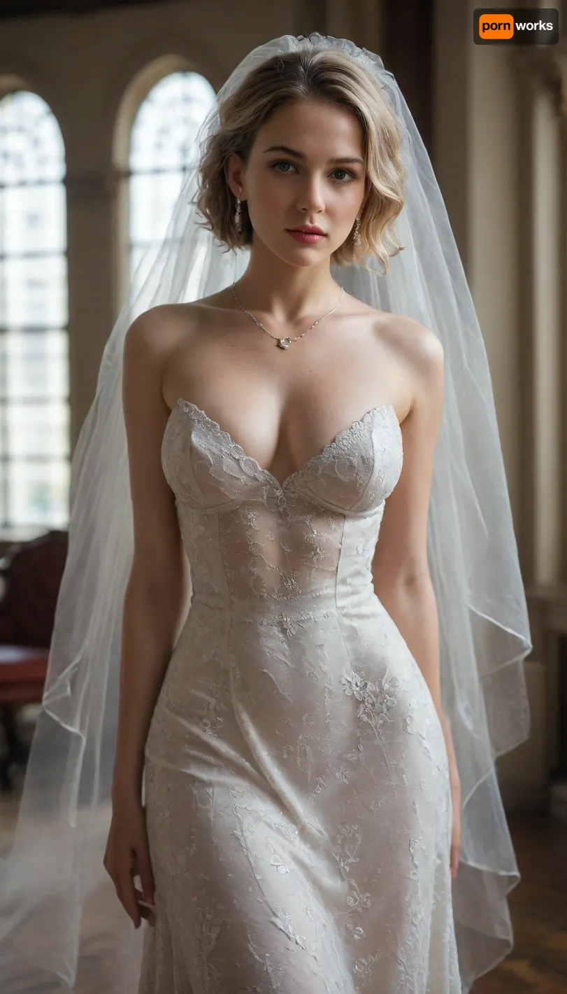 30 year old blonde with big fake tits and a wide hips in a revealing low cut wedding dress, vintage 1950 style dress, hair and make up