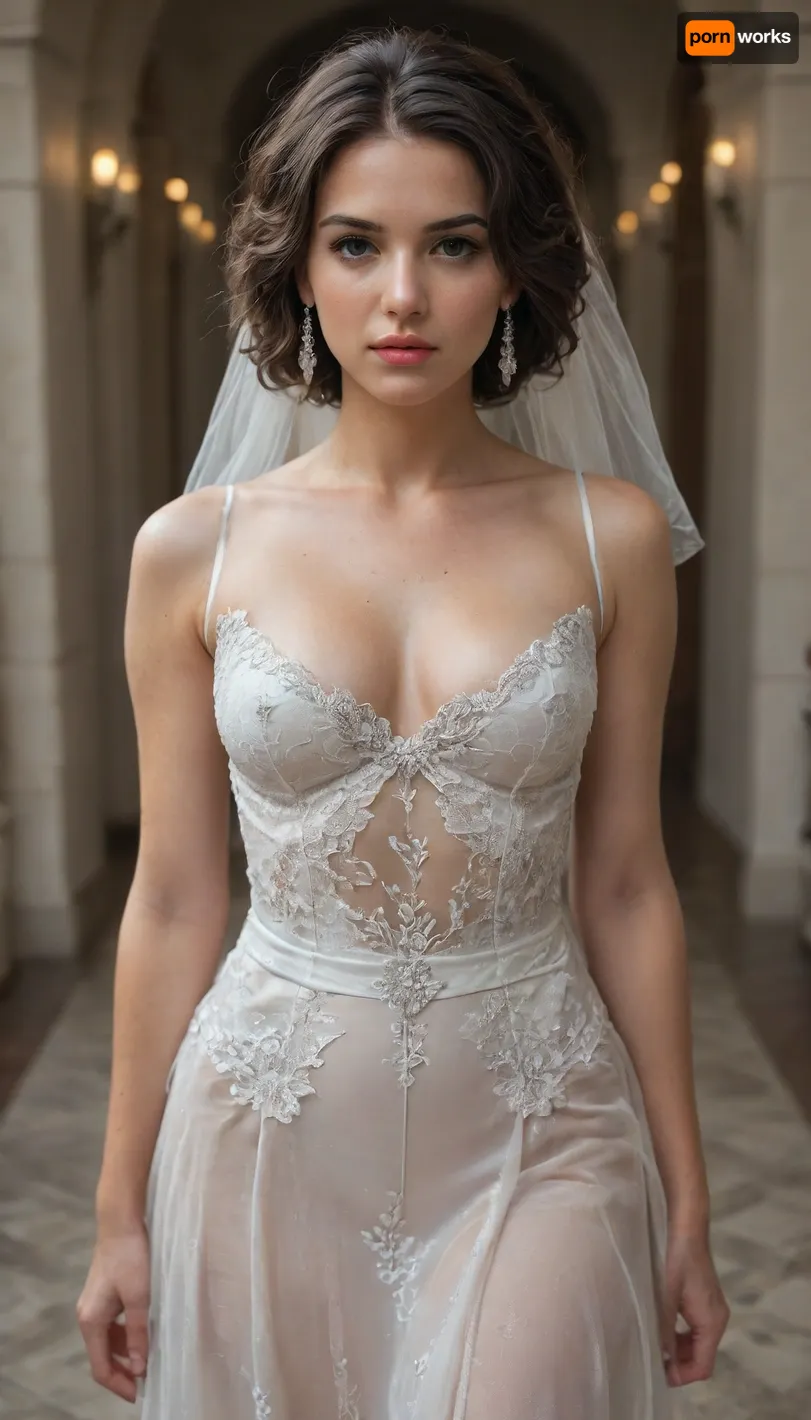 Front view of a 30 year old brunette with big fake tits and a wide hips in a revealing low cut wedding dress, vintage 1950 style dress, hair and make up