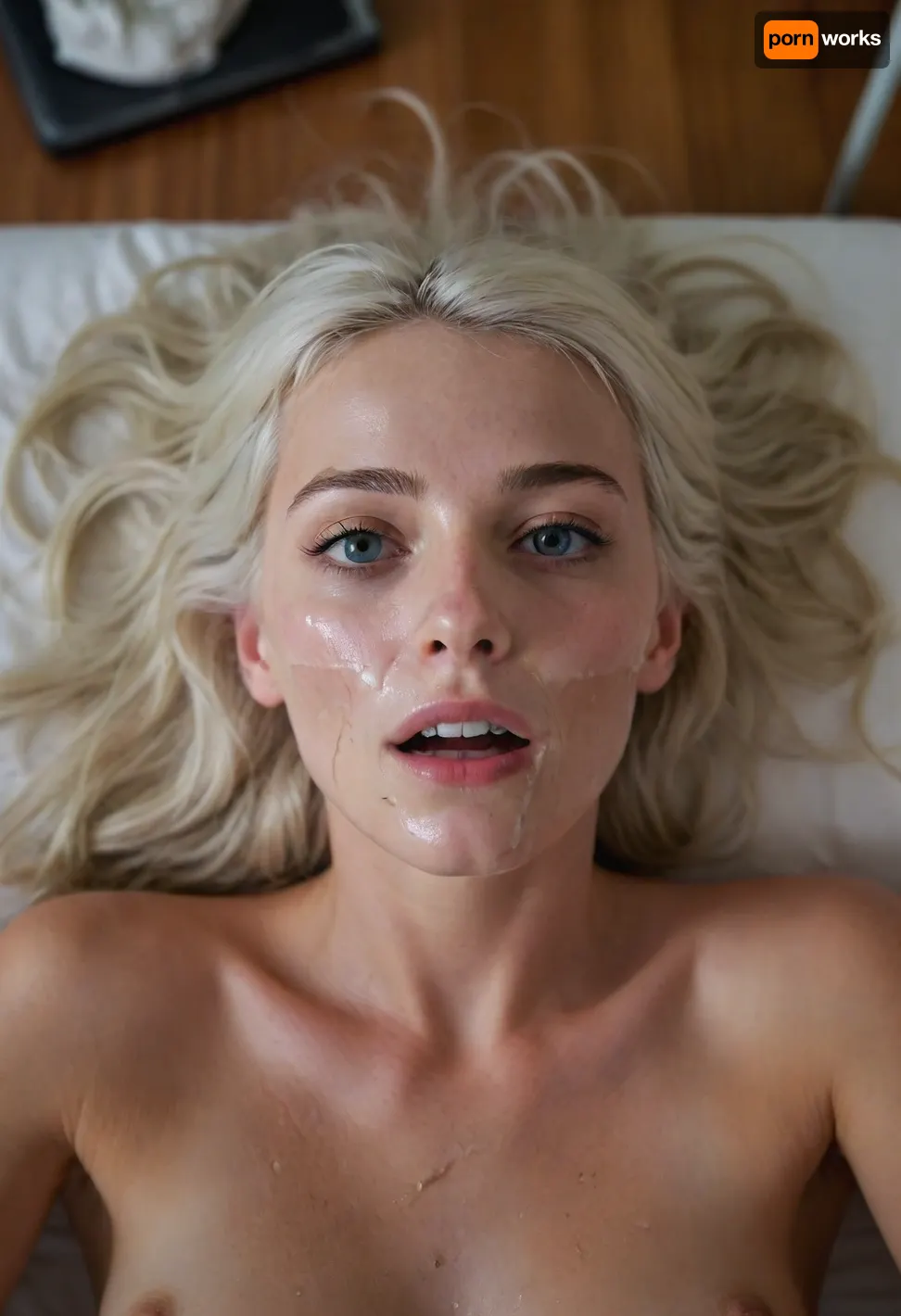 selfie Polaroid photo of a very pretty naked college 25yo skinny woman in a dorm room lying on her back with messy long white hair and no makeup with her mouth open having an orgasm, (detailed face and eyes:1.2), Aerial view, shot from above, view from ceiling, erect nipples, her face is covered in cum, cum on face, facialized, superfacialized, mature, woman, cum, on, face, <lora:facialized:1.4>, <lora:JustCum:1.1>