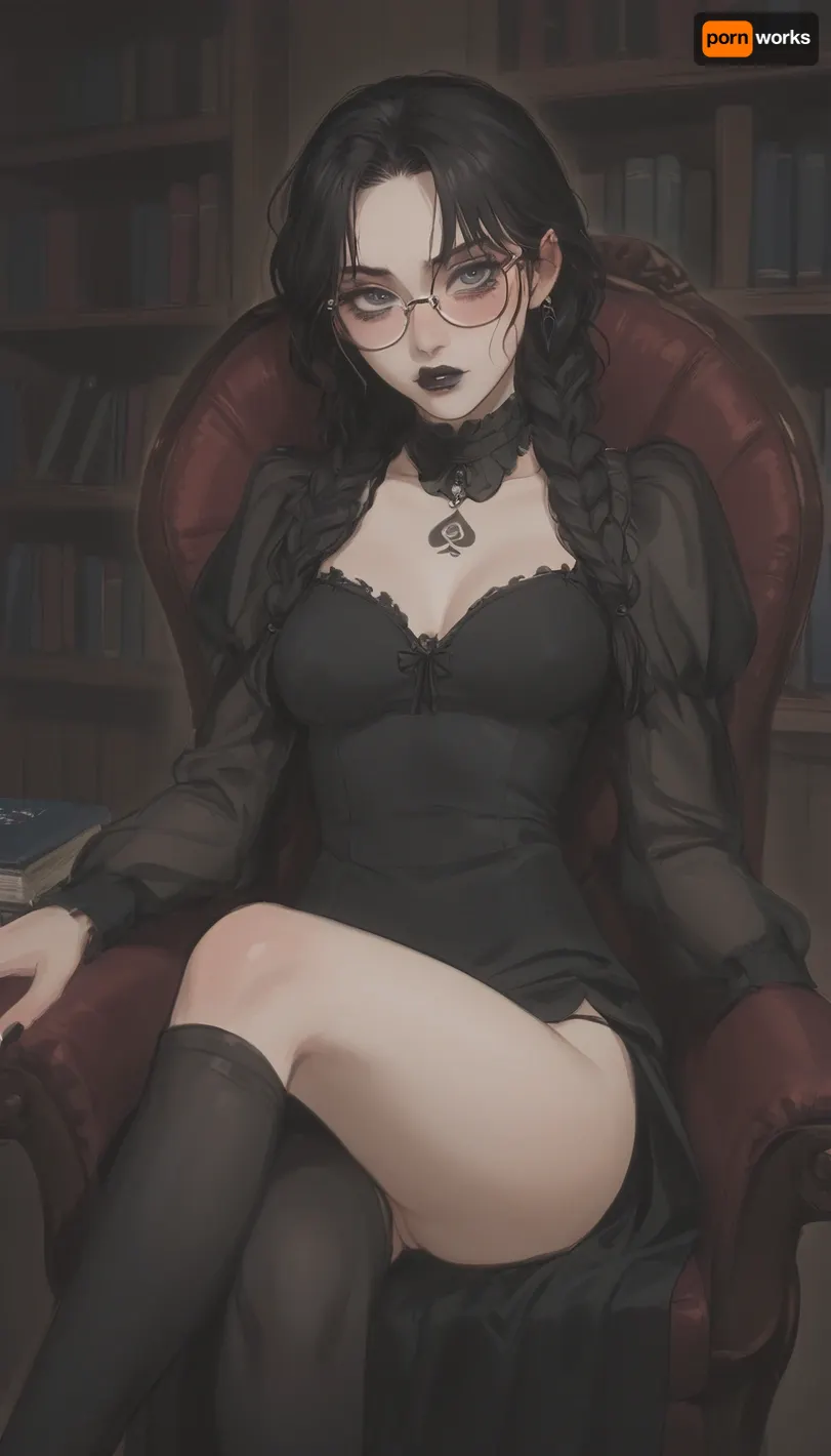 girl, 20 years old, ((naive face, blushing)), (glasses, blue eyes), ((glamorous goth makeup, black lipstick)), petite little body, (jet-black long hair), (braids), beautiful face, big round eyes, beautiful hair, medium firm round breasts, see-through pierced nipples, stunning quality, (short black a-line dress), ((beautiful smooth vagina visible)), (queen of spades tattoo above vagina), toned legs, (long black stockings, black thong pulled to side), (sitting on chair reading book at library, looking at the camera), legs crossed, perfect eyes, (Outline), (cartoon), tooned, cartoon, low color palette, painted, no gradients, incase style, concept, retro, futuristic, flat colors, masterpiece, <lora:ratatatat74-000050:.9>, <lora:outline_xl_kohaku_delta_spv5x:.5>, <lora:cartoon_stickers_xl_v1:.6>, <lora:NEOTOKIOXL_0.2_RC:.4>, <lora:DetailedEyes_V3:.6>