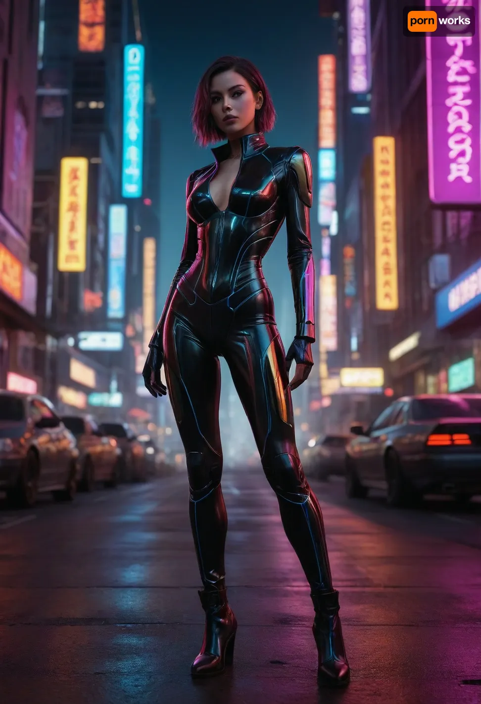 A hyper-realistic cyberpunk art of a futuristic girl standing on a neon-lit futuristic city street. She has a slim, toned, and fit body and is wearing a half leather outfit with glowing neon accents. The background contains vibrant glowing signs and a bustling city life. The image has a cinematic framing, dynamic perspective, and a slightly low angle shot. The lighting is dramatic with high contrast shadows. The colors are vivid and electric. The image is painted in the style of Syd Mead and Hajime Sorayama, with ultra-detailed textures and highlights. The resolution is 4K.