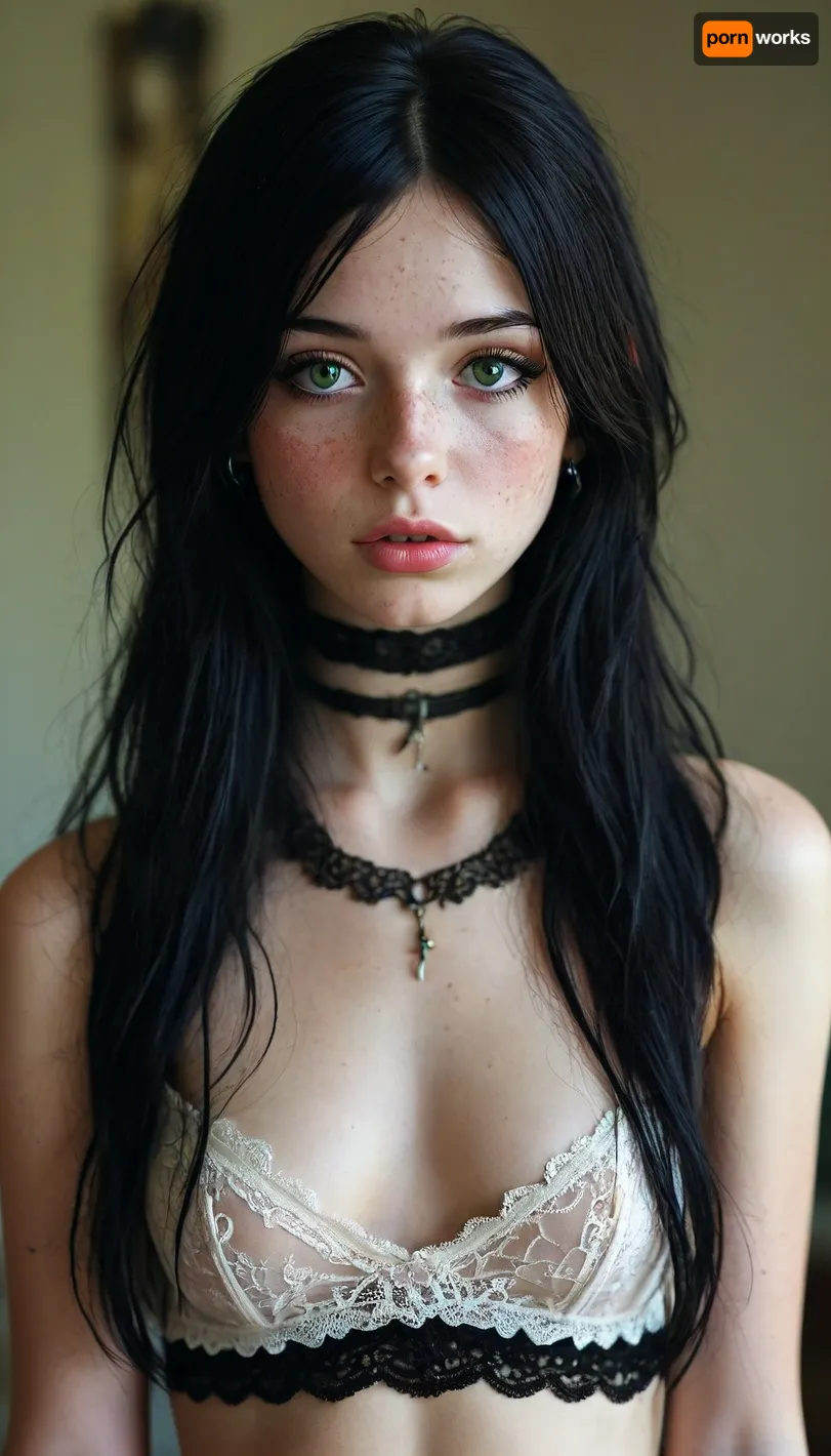 18 year old, long black hair, black chocker, pink lipstick, nipple rings, belly ring, emo lace clothes, goth, small flat breasts, full body view, Tinymodel, skinny young, schoolgirl, pretty young, Young girls, perfect face, green eyes, cute, closeup, petite body, full body photo, beautiful face, fluxenh4nce, freckles, <lora:MJ52:.3>, <lora:FLUXEnh4nce:.8>, <lora:SdXL_better freckles_epoch_16:.8>