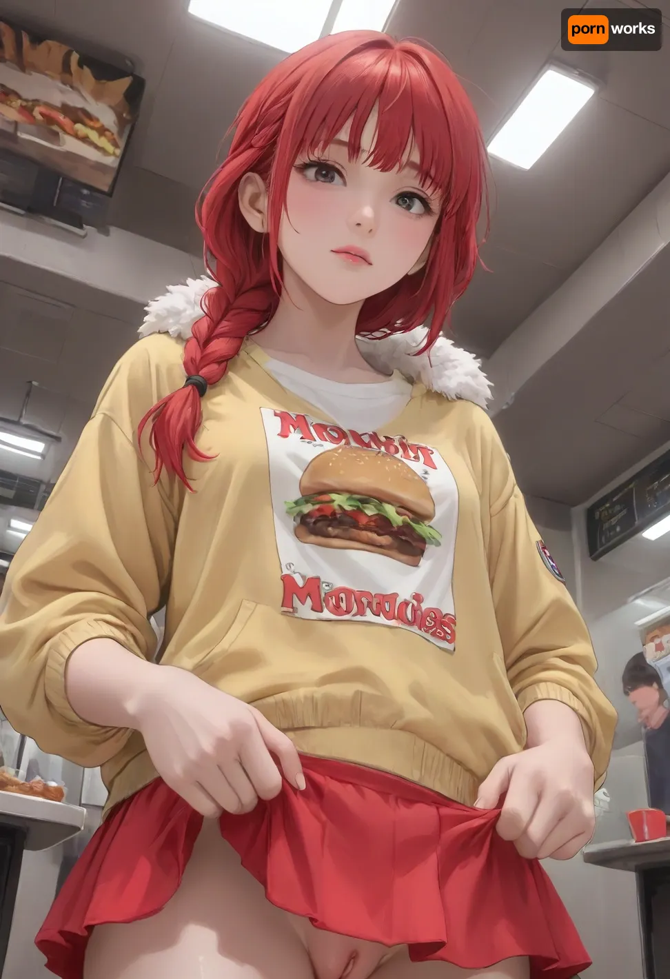 ((large burger pussy)), in Mcdonald, dynamic composition, Best quality, masterpiece, high resolution, detail face, score_9_up, score_8_up, score_7_up, (20yo model), (red hair, two loose braid, straight bangs), (Mc donald t-shirt), (yellow jacket, fur trimmed), (red microskirt), (skirt pulled up), ((squating over burger)), low angle, ((Hentai)), <lora:outline_xl_kohaku_delta_spv5x:1.2>, <lora:NEOTOKIOXL_0.2_RC:1.1>, <lora:Ppolar-P3v1-NbVp10:.8>, <lora:cartoon_stickers_xl_v1:.7>
