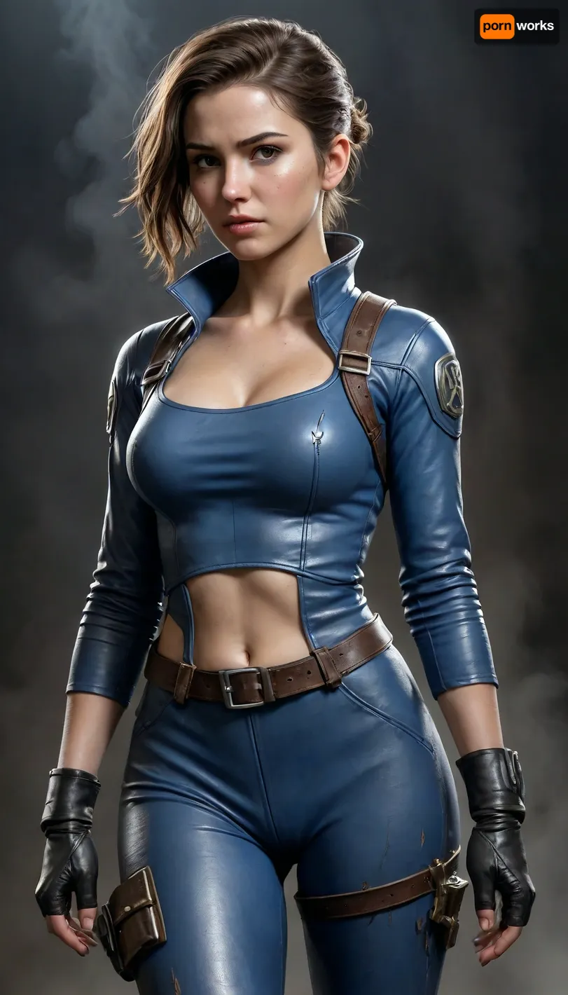 Fallout, Vault Girl, blue jumpsuit with leather shoulder harness and leather protective pads, long legs, symbolism, full-length, sketch, graphic, gray-brown, black background, smoke, cell-shading, traces of movement visualization, acceleration effect, Wet watercolor sketch streaks, Cyberpunk, Grunge, The harsh strokes of eroticart, Arush Votsmush