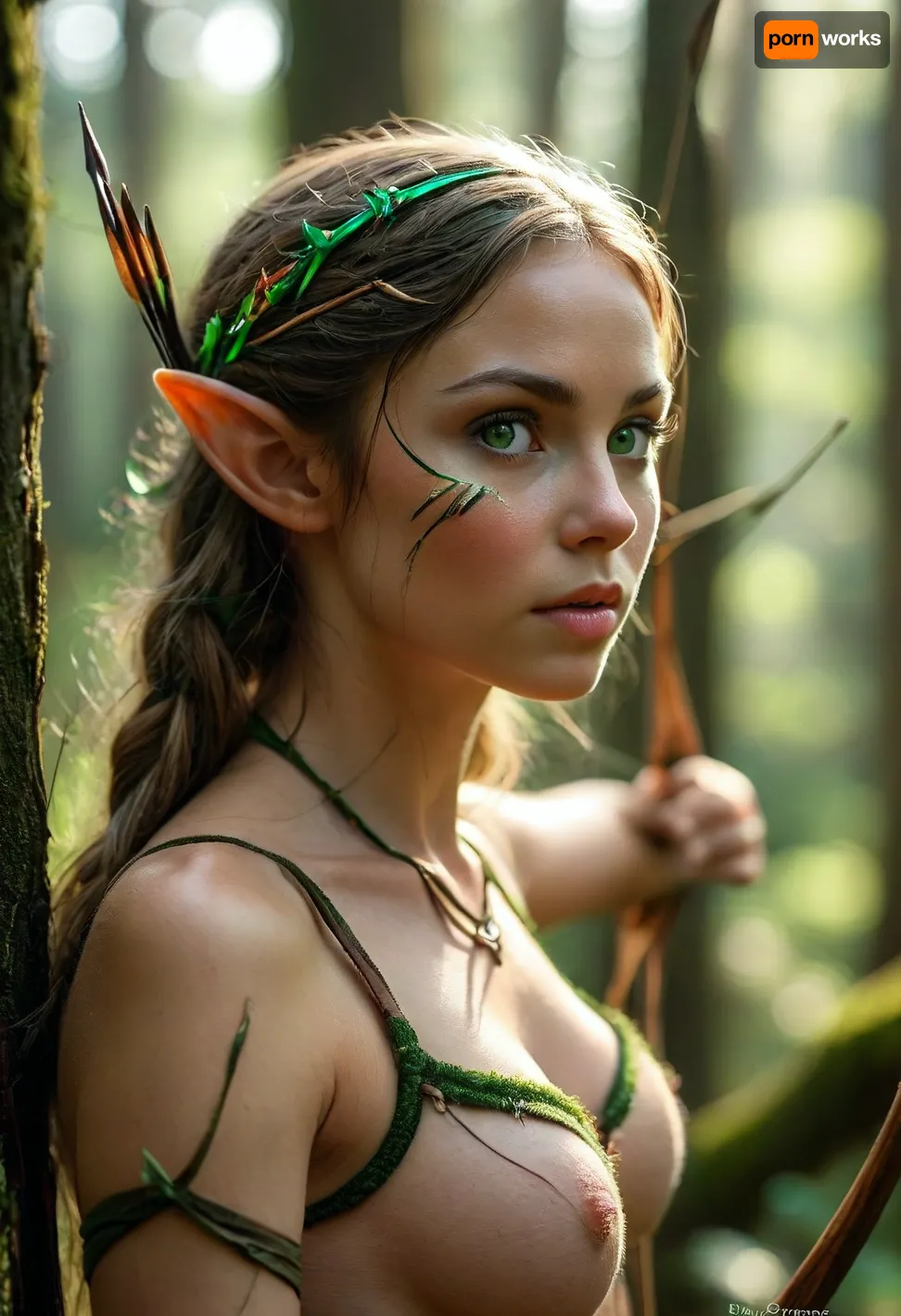 Nude elf, pointy ears, forest, bow and arrow, elf archer, <lora:MJ52:.8>, green eyes, perfecteyes, <lora:PerfectEyesXL:.8>