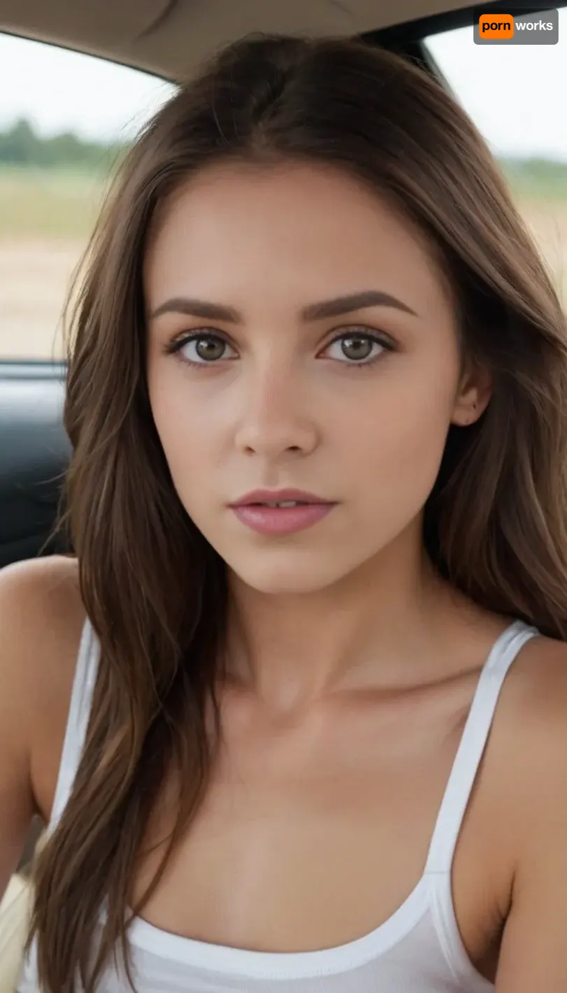 a sexy 18 year old athletic brunette, gorgeous young looking woman, beautiful brown eyes, perfect tan, smaller perky breasts, small and perky areolas, perky nipples, pale skin, slender, (brunette hair, center-part hairstyle), sitting in car, flashing breasts, shirt pull