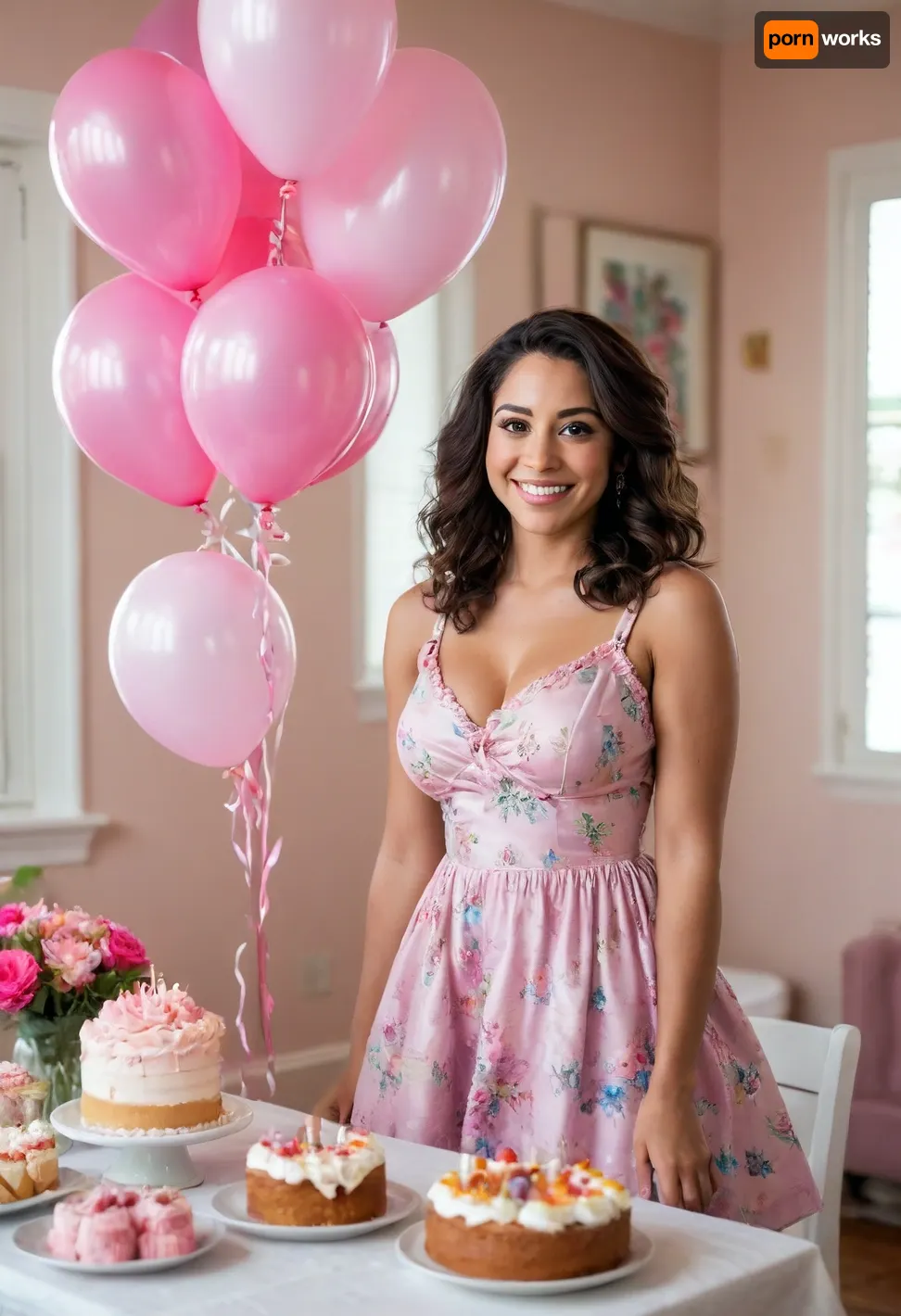 small eboney lounge ebone, exuberant nativa ebone sensualistic boodysuite sexuales, exited face, day, (adorable face Beauty cutie, pupile, bimbo boobs long Bimbo, fringe and ponitails sexual erótica young Latina woman with striking blue eyes celebrating her birthday at her aunt's cozy home, wearing a vintage pink floral dress, smiling among balloons and birthday decorations, warm natural light through the windows, colorful cake on a table, family photos on the walls, candid joyful moment, soft film-like color palette, high detail, 35mm portrait, shallow depth of field. Warm, candid birthday portrait of a Latina woman with blue eyes in a floral dress at her aunt's house.booots pink, creamy i'm nipples sit about table)