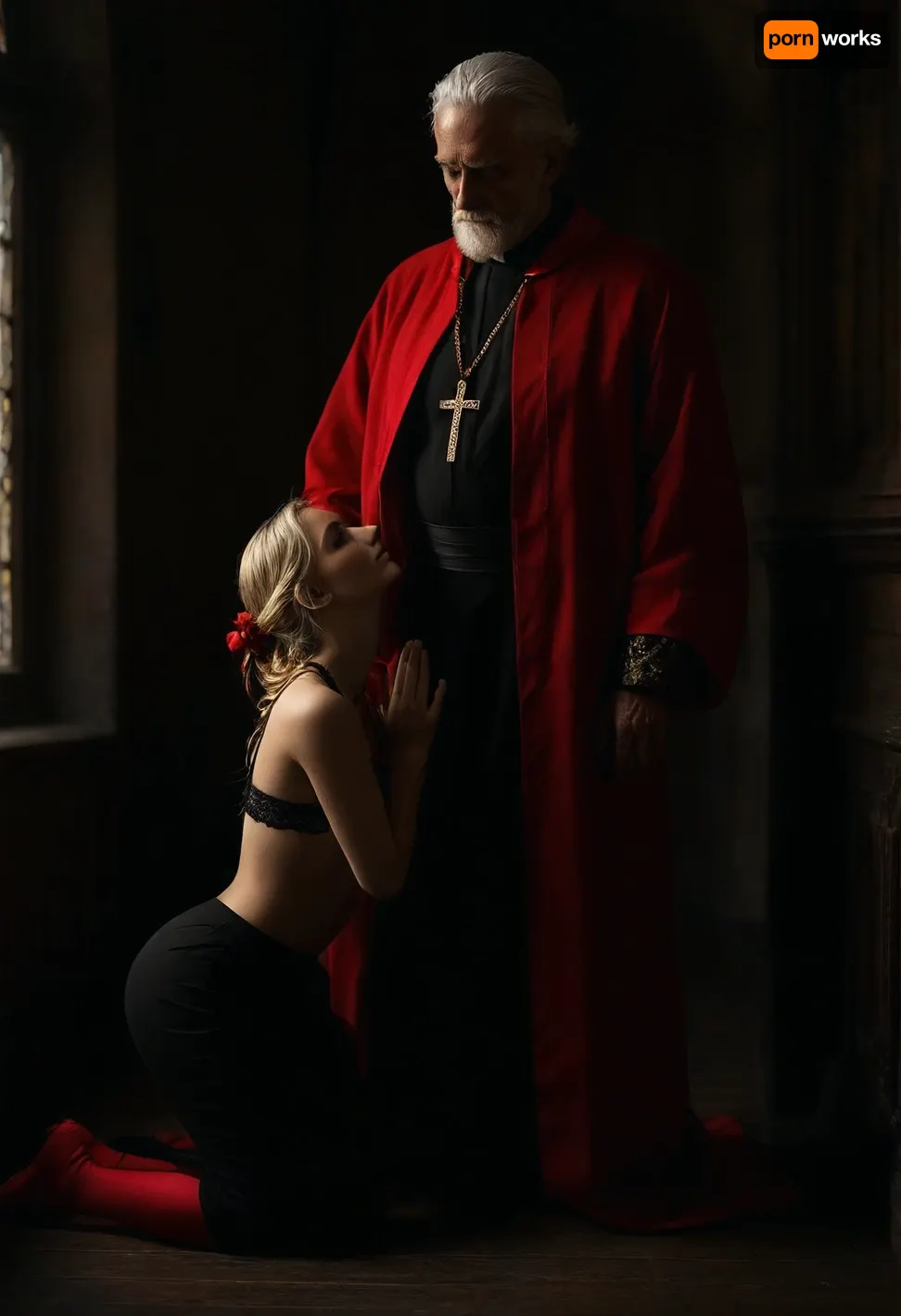 Full body view, Betty is a beautiful adult woman with blonde hair, Betty stands and speaks from above to a kneeling submissive old man, Betty is a 28 year old dominant woman, Betty is nude she wears a black long lace bra only, Betty stands with legs apart, (perfect body), (skinny), (in front of pussy kneeling and praying old man wears scarlet cassock with a pectoral cross on a red and gold ribbon:1.5), in front of a backdrop of an outstanding old mystical monastery library, (maximum detail), (super realistic photo:1.4), (maximum photo quality:1.4), (maximum resolution:1.5), saturated, <lora:MJ52:.8>, <lora:attractive_notrigger:.6>, <lora:dark:.1>, <lora:saturated_colors:1.5>
