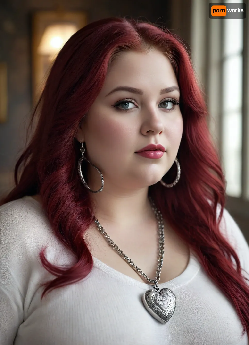 high end photograph black and white with color select with burgundy of a obese young beautiful chubby woman with very long bright burgundy hair slightly dramatic makeup large sliver Hoop earrings with with a high end white cashmere sweater with a tiny silver chain and silver tiny heart locket on it hyper detailed hyper focused 3d effect extreme extreme depth textured paint romance surrealism analytical whimsy fantasy romantic surrealism mystical adornments everywhere, fat, light smile