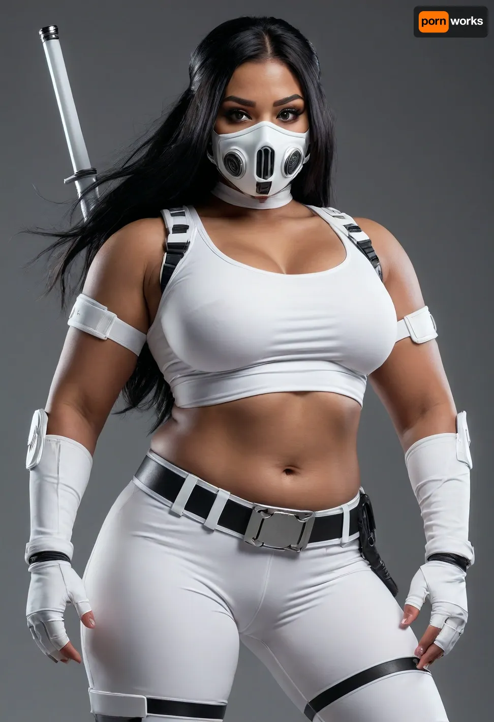 A dark black obese female warrior in all-white modern ninja outfit, cyberpunk style, crop top, gas mask, tight leggings with multiple belts, detailed white gloves, cameltoe, katana sword, long straight black hair with hair clips, silver hoop earrings, minimalist white and gray color scheme, digital art, highly detailed, clean lines, studio lighting, fashion illustration style, trending on artstation