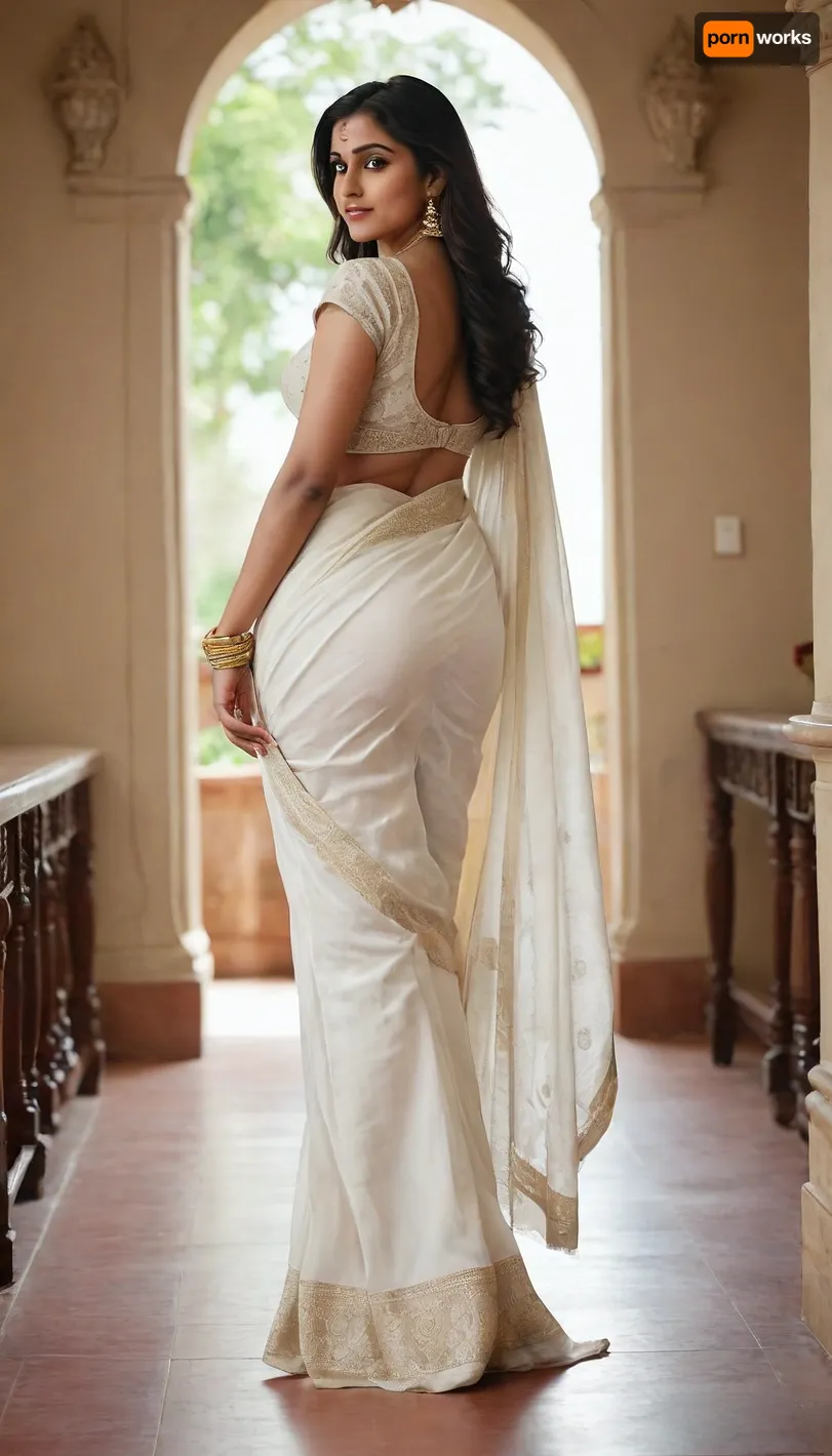 A very beautiful and sexy indian goddess woman, ultra realistic, wearing a sexy and designer white saree, full body back view, pencil high heels, she has big boobs, wide hips, thick thighs, long face, fair skin, 8k, realistic non nude