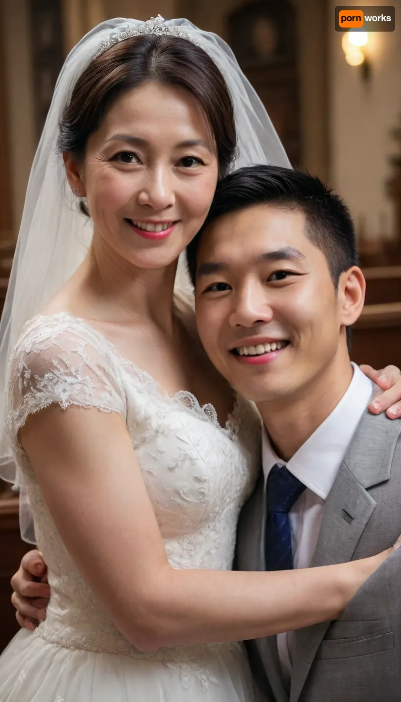 (woman mature:1.9), Asian, korean, korean 1girl and 1boy, Fond mother and son, Smile, family photo, happy family, (60yo Korean milf mom and son high school student), divorced family mom and son, hairson love mom, broken families, son high school student, cute Smile son, son tiny high school student, son high school student short hair, mother's son in the family, single-parent family, wedding dress, gorgeous church, veil