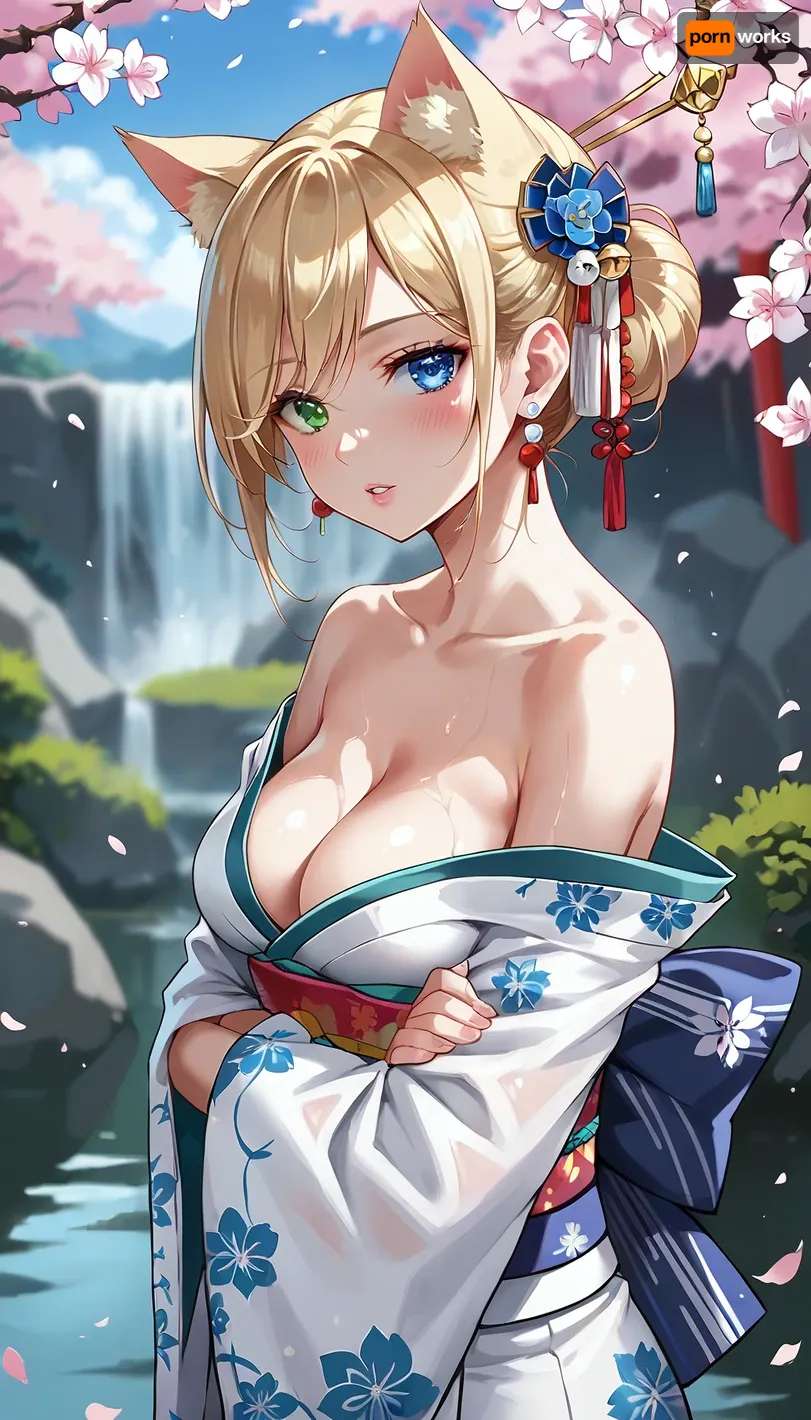 1girl, cat ears, japanese clothes, solo, kimono, hair ornament, cleavage, looking at viewer, bare shoulders, jewelry, obi, earrings, floral print, crossed arms, parted lips, blush, blurry background, blonde hair, from side, blurry, hair bun, white kimono, print kimono, wide sleeves, medium breasts, short hair, blue eyes, green eyes, white hair, hair stick, collarbone, sidelocks, hair intakes, breast, heterochromia