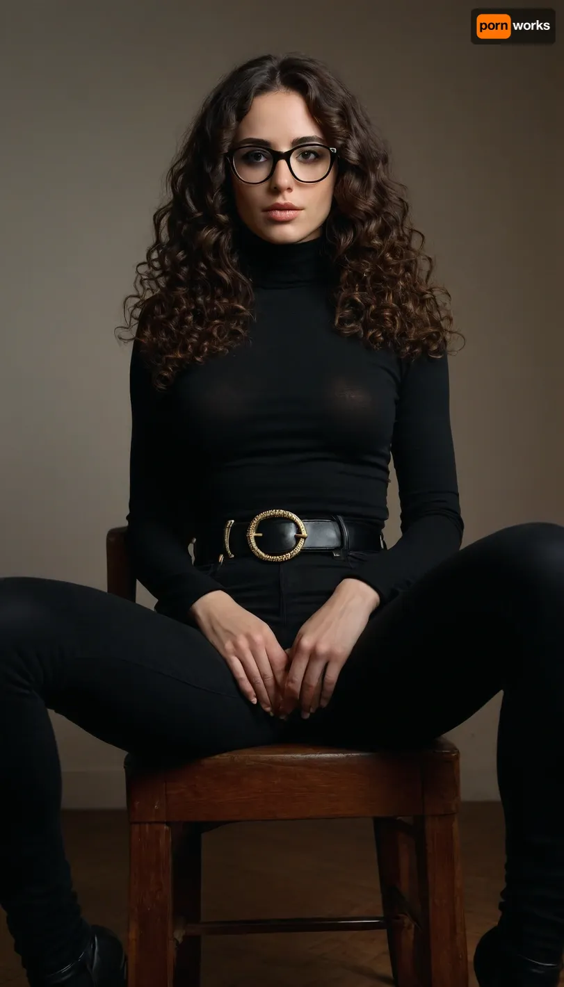hot brunette, (dark long curly hair), black tight jeans, belt, tight dark turtleneck, glasses, sitting facing viewer, legs crossed, extreme narrow waist, ((extreme big butt)), big tits
