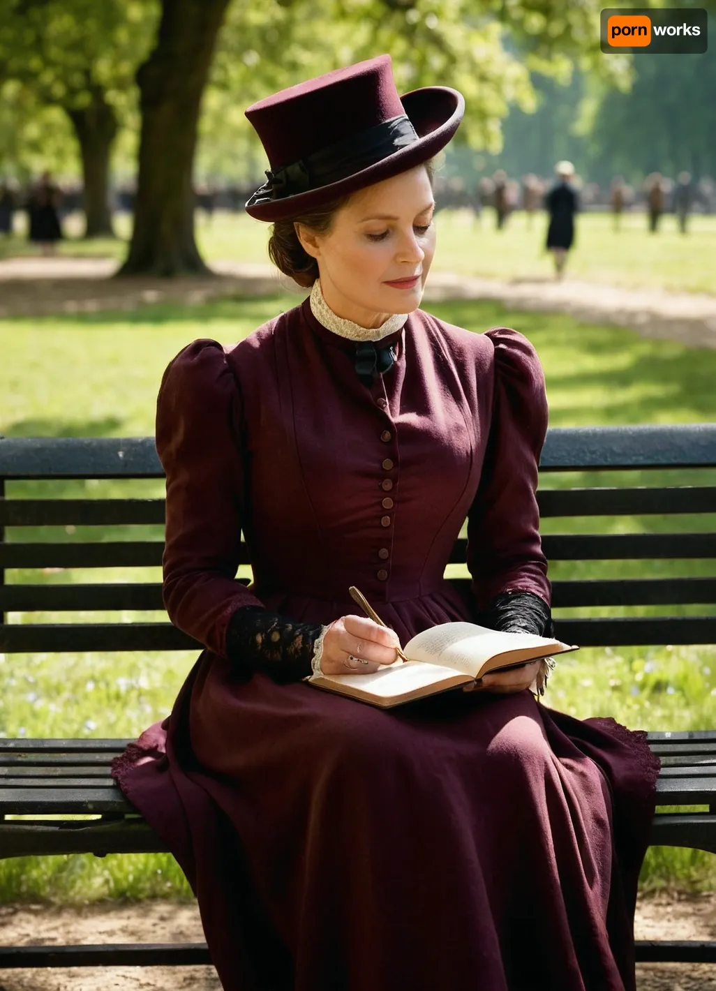 A woman in her late forties, embodying the worn elegance of Balzac's era, seated on a wrought-iron bench beneath the dappled shade of an ancient oak tree in a bustling Parisian park. She wears a faded but meticulously kept burgundy day dress with a high collar and lace cuffs, her hands cradling a leather-bound journal open to verses inked in precise, looping script. Sunlight filters through the canopy, illuminating dust motes and the faint lines of concentration on her face as she reads aloud to an unseen audience, while behind her, blurred figures in 1830s attire—top hats, bonnets, and tailored coats—stroll along gravel paths flanked by manicured flowerbeds and distant, hazy city spires, NEGATIVE_HANDS