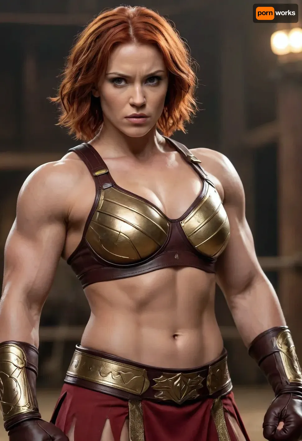 ((muscular female fighter)), ((massive muscles)), hyperrealistic, (tall woman), ((extremely muscular woman)), roman gladiator, broad shoulders, large breasts, short red hair, ((strong physique)), ((detailed abs and arms)), dark brown leather and gold bra and skirt, gold jewelry, mma gloves, in an arena scene, pale tan skin, lots of detail on clothing and armor, sharp expression, intense expression, (mid-punch pose), powerful stance, close up view