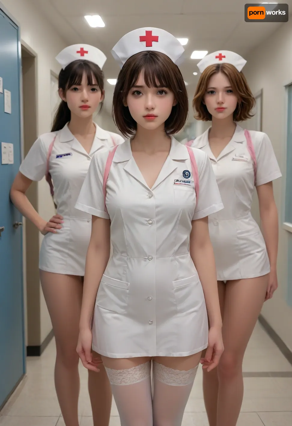 The image is an illustration woman, Everyone would like to come to the hospital to see such a nurse more often. And this is not surprising, since the undressed healer constantly walks in spectacular stockings that look gorgeous on her amazing legs. Well, since the doctor begins to open her medical gown to the sides, you can immediately enjoy her naked body in her underwear.