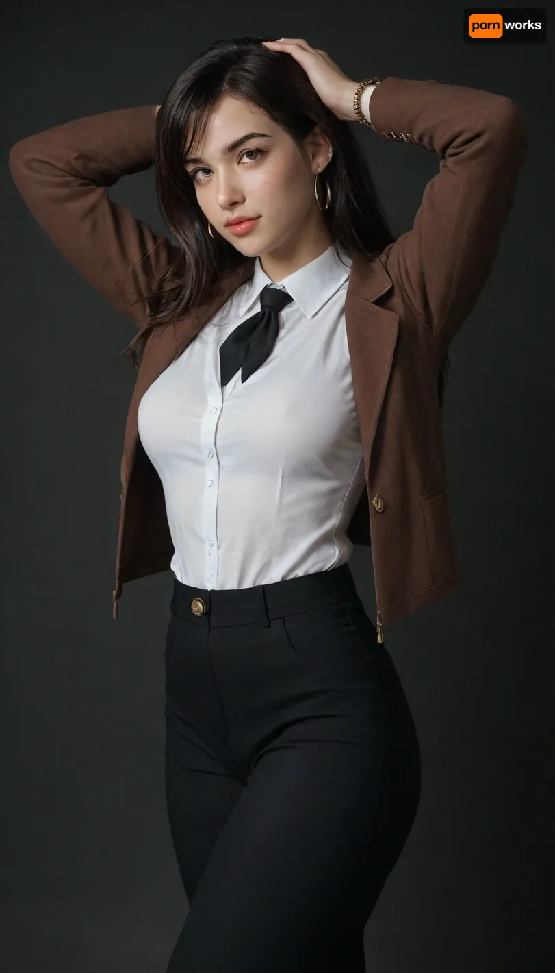 Solo, Beautiful tifa lock hart, looking in a seductive manner, eyes looking straight at the us, fair skin, long dark wavy hair, brown blazer, white shirt, black tie, black pant, sexy body, cute face, clear skin, close up, whole body visible, wearing golden anklets, golden bangles, golden chain, curvy figure, thick arms, thick hips, thick thighs, seductive face, looking at the viewer with lust, beautiful detailed face, amazingly sexy face, side view, standing straight in a sexy way, hands over her head, black background, rim lighting, key lighting