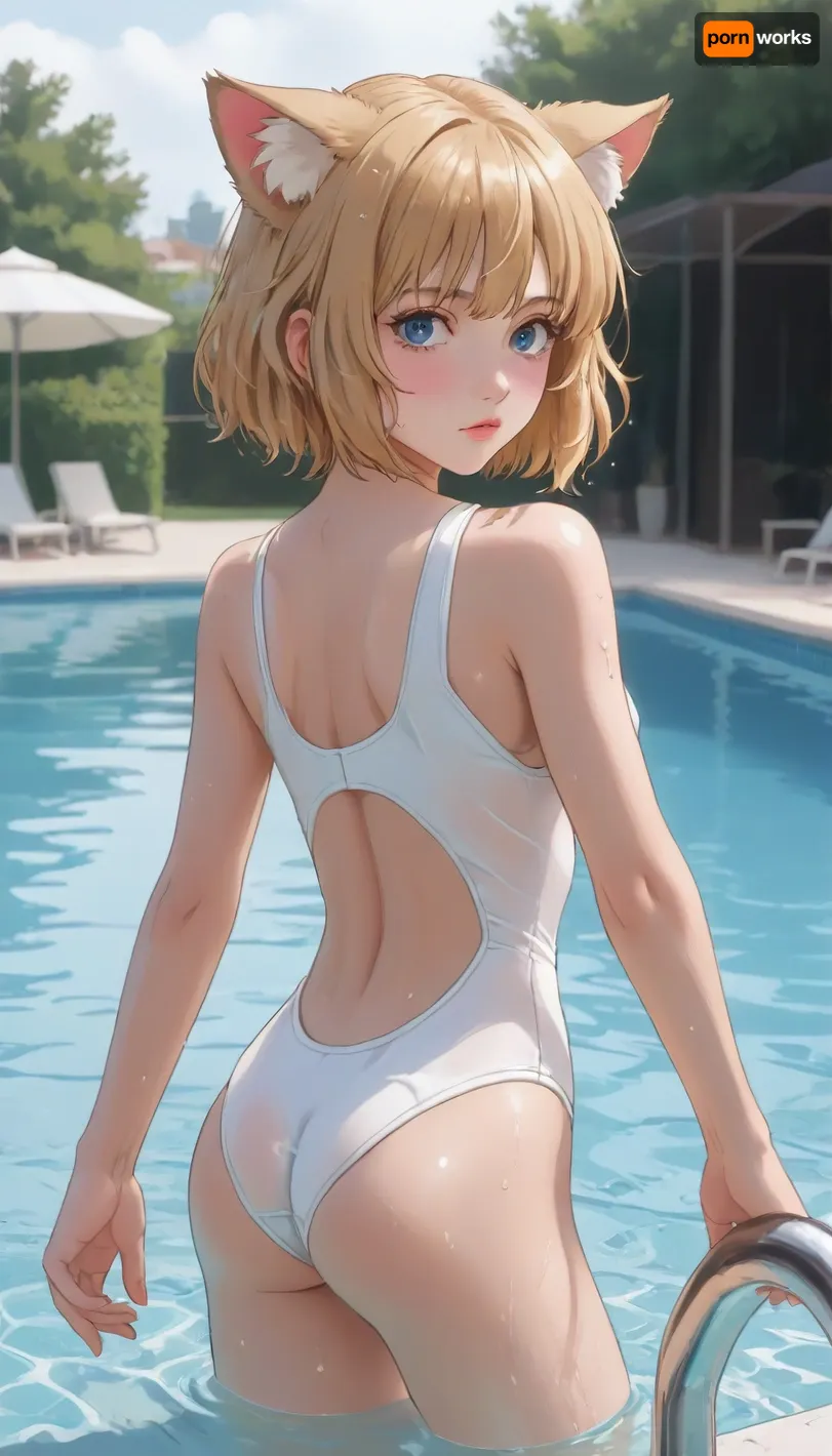 Cat girl, fluffy ears, fluffy tail, blue eyes, blonde, short haircut. Wearing a wet swimsuit, small breasts, small firm butt. Standing in the pool. Moonlight, <lora:outline_xl_kohaku_delta_spv5x:1.6>, <lora:NEOTOKIOXL_0.2_RC:.7>, <lora:Ppolar-P3v1-NbVp10:1.6>, <lora:cartoon_stickers_xl_v1:1.2>, <lora:EnvyStylizedXL01:1.8>