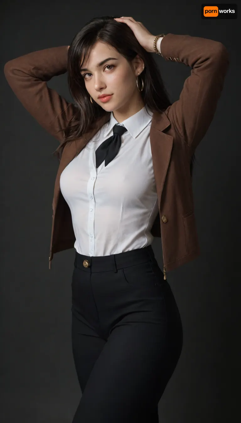 Solo, Beautiful tifa lock hart, looking in a seductive manner, eyes looking straight at the us, fair skin, long dark wavy hair, brown blazer, white shirt, black tie, black pant, sexy body, cute face, clear skin, close up, whole body visible, wearing golden anklets, golden bangles, golden chain, curvy figure, thick arms, thick hips, thick thighs, seductive face, looking at the viewer with lust, beautiful detailed face, amazingly sexy face, side view, standing straight in a sexy way, hands over her head, black background, rim lighting, key lighting