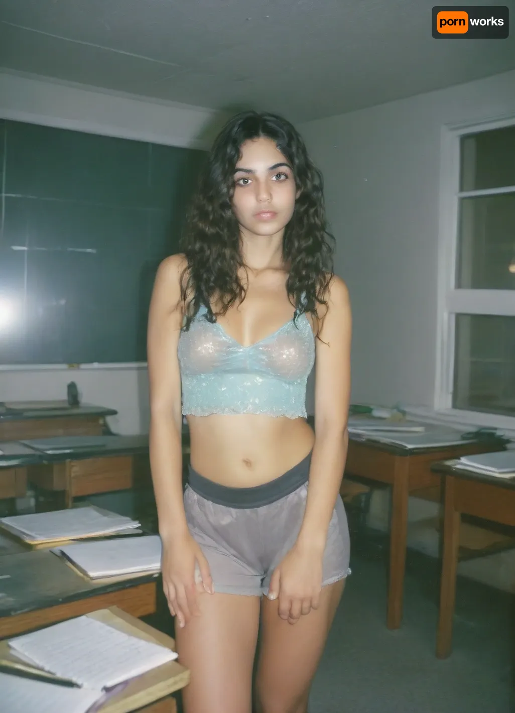 (casual photo flash), motion blur, (slightly overexposed:2), ((awkward angle:1.9)), ((composition is lacking)), (nighttime), (no ambient light), (single harsh flash from the camera), (overexposed flash highlights on subject), (sharp shadows behind and around her), (noise in all darker areas), (wet surfaces reflecting small highlights), (flat lighting due to direct flash), (cool white balance:1.3), (cyan-tinted shadows from digital camera sensor), (fluorescent-like artificial lighting tint), (background remains visible due to flash, but lacks blur or depth separation), (school environment:2), (scene "Myspace"), (2000s), (90s digital aesthetic), (flat chested), (low quality photo), (old camera), (flash photo), (gritty), (swamp), (realistic environment), (analogic style), (film grain), (low contrast), (unfiltered), (jpeg artifacts), (unedited), (cellphone photography), (no ambient lighting), (lights off), (Polaroid flash camera), (cool indoor lighting), (direct flash photography), (overexposed flash), (strong shadows), (sharp shadows), (low contrast:2), (noise in dark areas), (shiny reflections on surfaces), (sharp background), (background in focus), (no background blur), (clear background details), (fluorescent lighting tint), (cyan-tinted shadows), (artificial lighting with cyan hue), (Scene-Queen), (optional), (Myspace), (picture), (bad quality), (old digital camera), (raw), (light leak), (low res), (low quality), (90s style), (80s), (analogic), (1990s), Ultra definition image, back view, focus on ass, latina girl, Social media babe in her room being sexy and presenting her booty, she's wearing leggings gs and a crop top, long black hair with long curls, puffy, nipples, dark, ghost, wide, <lora:detailed_notrigger:.8>, <lora:MJ52:.8>, <lora:Nipples XL:.8>, polaroid, film, photography, longnightout, <lora:Polaroidv2:2>, <lora:late night out_epoch_12:.7>