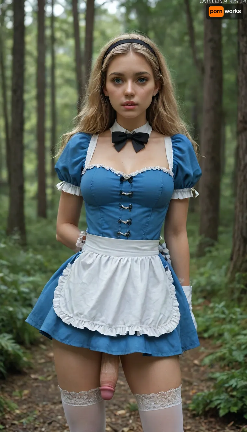 1girl, solo, thighhighs, penis, white_thighhighs, gloves, blonde_hair, long_hair, futanari, blue_eyes, dress, hairband, white_gloves, looking_down, puffy_sleeves, short_sleeves, breasts, blue_dress, bow, uncensored, puffy_short_sleeves, blush, black_hairband, watermark, erection, medium_breasts, cowboy_shot, web_address, black_bow, artist_name, bowtie, dress_tug, parted_lips, short_dress, clenched_teeth, lip_biting, teeth, unexpected erection, surprise, embarassed, desperate, trying cover dick, magic forest in background, huge mushroms in background, super tall, black strip heels, 25 years old, beauty, alice in wonderland, <lora:detailed_notrigger:1.7>