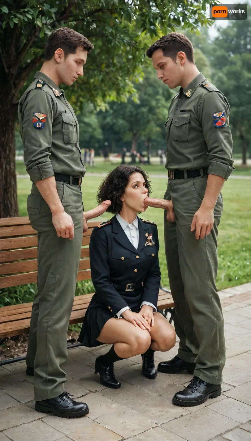 A bench in a park, sunny day, woman sitting on the bench, light summer clothing, short skirt and blouse, 2 men standing next to the bench, men are soldiers, soldiers wearing military field uniform, their uniform trousers are open, (open fly), normal penises, blowjob, one penis in woman's mouth, one penis in her Hand, woman and men are both 18 years old, soldiers have short hair, full body view, full body foto, Full Body view including the faces of the soldiers, further soldiers in the background