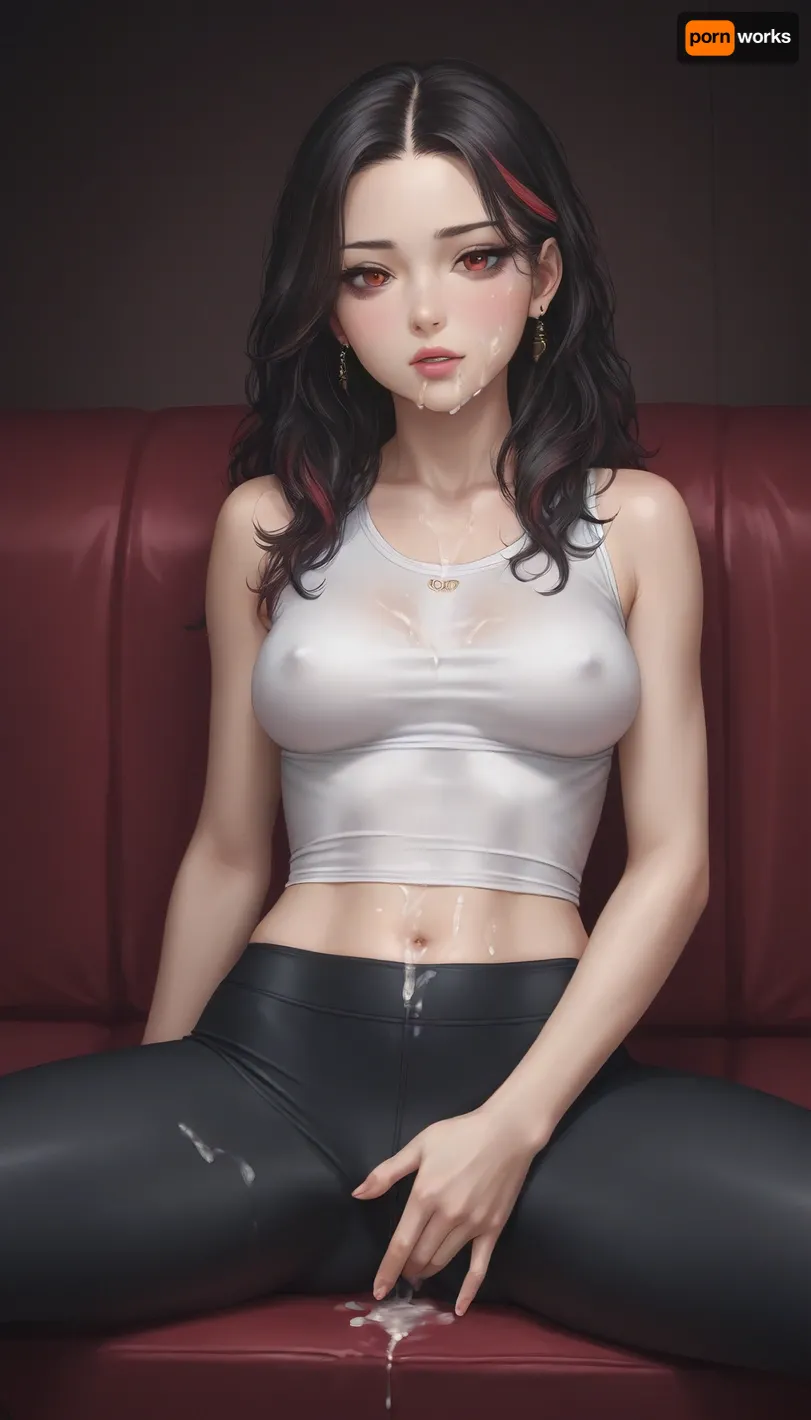 hot girl sexy tight yoga pants, sitting, erect nipples, spread legs, black long hair, red streak, alone masturbating, cum on body and face, medium breasts