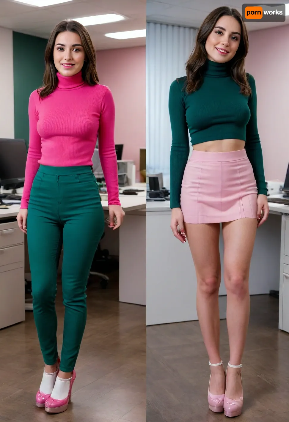Before and after, a shy conservative Christian girl with dark brown hair wearing a dark green turtleneck pullover, (BEFORE she is wearing long jeans pants and white sneakers, office clothes), BREAK, (AFTER she is wearing a pink pleated micro skirt and pink platform high heels, slut outfit), <lora:OnoffXL_ExtraCrispy:.4>