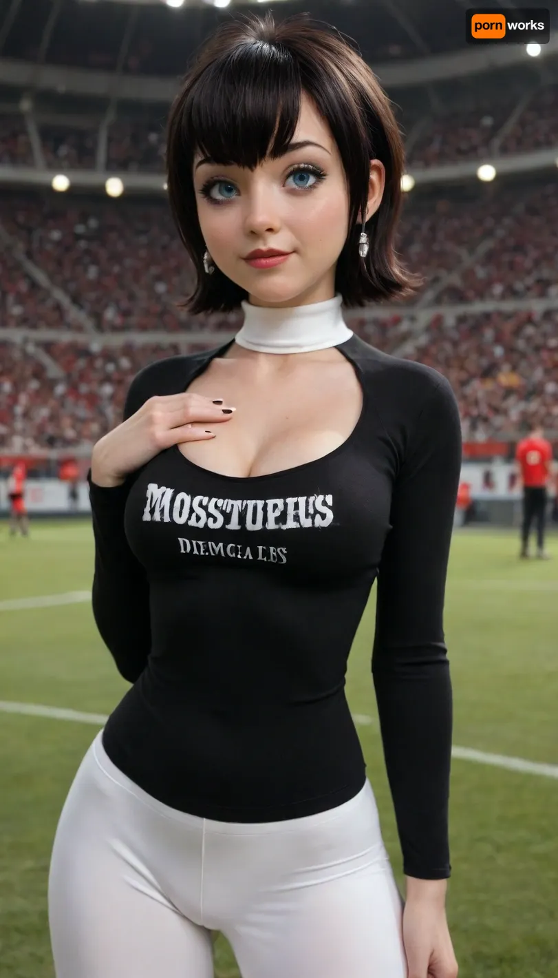 Mavis Dracula from Hotel Transylvania, white leggings, white turtleneck, white lined sketch, dieselpunk, covered nipples, cleavage, one hand on chest, football stadium