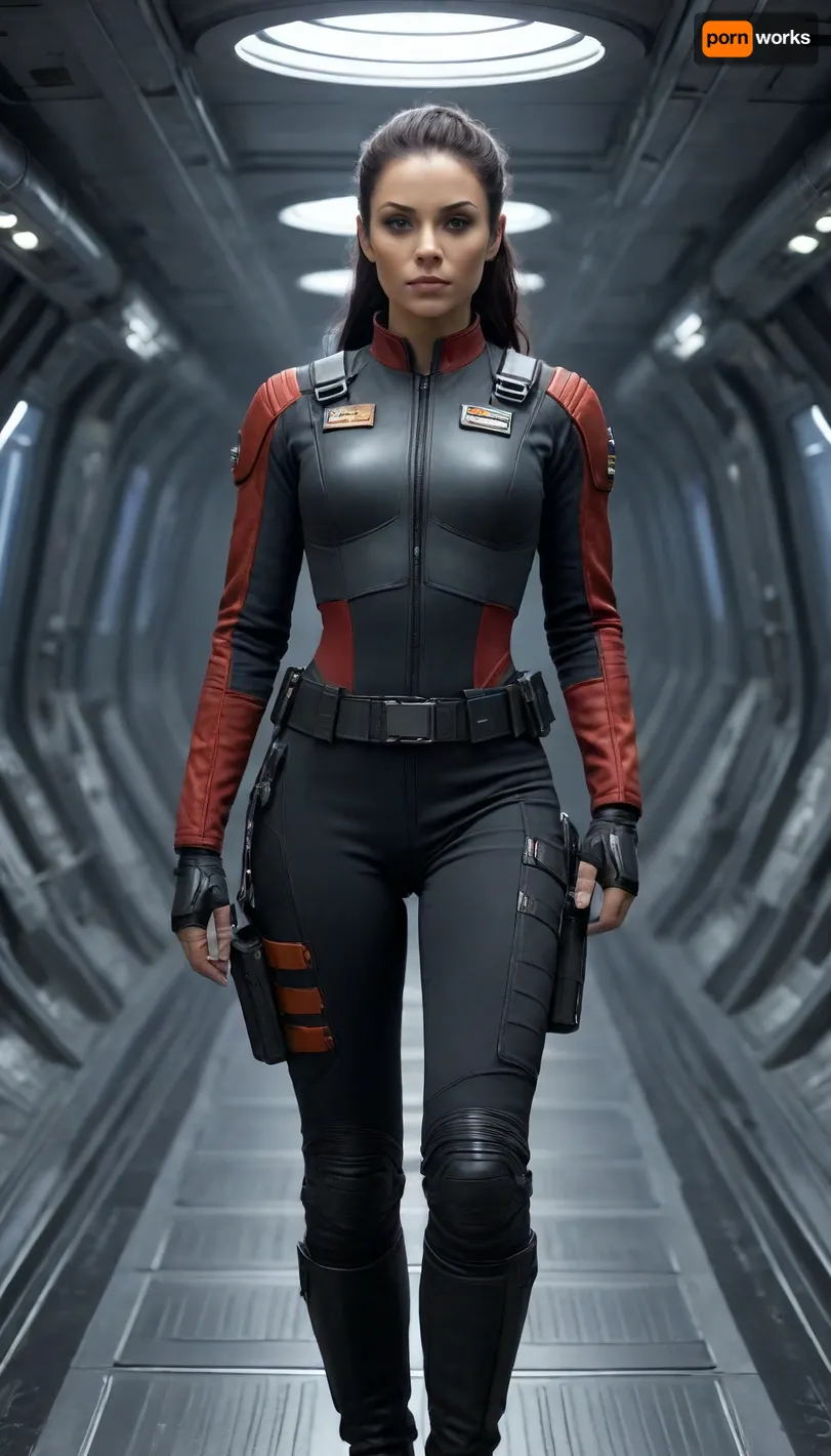 Beautiful female starship captain in a gritty realistic sci-fi universe inspired by The Expanse. Strong and athletic build, determined expression, sharp eyes showing leadership under pressure, large bimbo breasts. Wearing practical belter/UNN/MCRN-inspired starship uniform, dark tactical jumpsuit with utility harness, subtle patches and insignia, sidearm holstered. Tied-back hair, no-nonsense style. Standing on the bridge of a starship, narrow corridors, glowing control panels, exposed piping, zero-g straps and railings. Background of outer space through reinforced windows, stars and distant asteroids. Ultra-realistic hard sci-fi art, highly detailed, cinematic dramatic lighting, tense and commanding atmosphere.