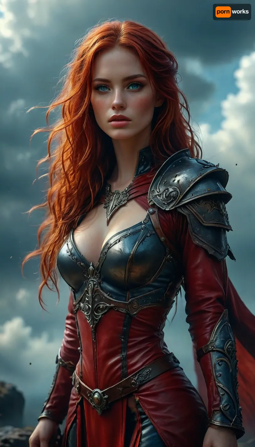 Stunning warrior princess. 30 years old. Long autumn red hair. Red leather clothing. Seductive pose, fantasy mystical setting, mist, cloud, dark, 32k super high quality, ultra realistic, hkstyle, <lora:454069_training_data:1.4>, <lora:Adjust_SDXL_v3.0:1.6>, <lora:MJ52:1.7>, <lora:SDXLFaeTastic2400:1.2>, <lora:hkstyleV5:1.6>