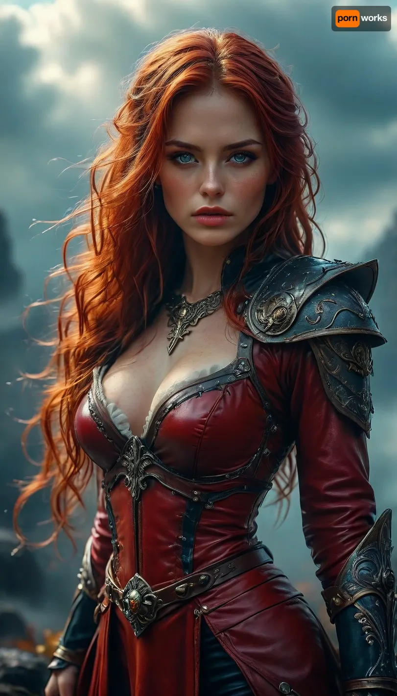 Stunning warrior princess. 30 years old. Long autumn red hair. Red leather clothing. Seductive pose, fantasy mystical setting, mist, cloud, dark, 32k super high quality, ultra realistic, hkstyle, <lora:454069_training_data:1.4>, <lora:Adjust_SDXL_v3.0:1.6>, <lora:MJ52:1.7>, <lora:SDXLFaeTastic2400:1.2>, <lora:hkstyleV5:1.6>
