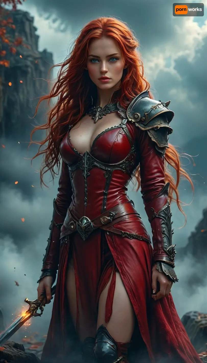 Stunning warrior princess. 30 years old. Long autumn red hair. Red leather clothing. Seductive pose, fantasy mystical setting, mist, cloud, dark, 32k super high quality, ultra realistic, hkstyle, <lora:454069_training_data:1.4>, <lora:Adjust_SDXL_v3.0:1.6>, <lora:MJ52:1.7>, <lora:SDXLFaeTastic2400:1.2>, <lora:hkstyleV5:1.6>