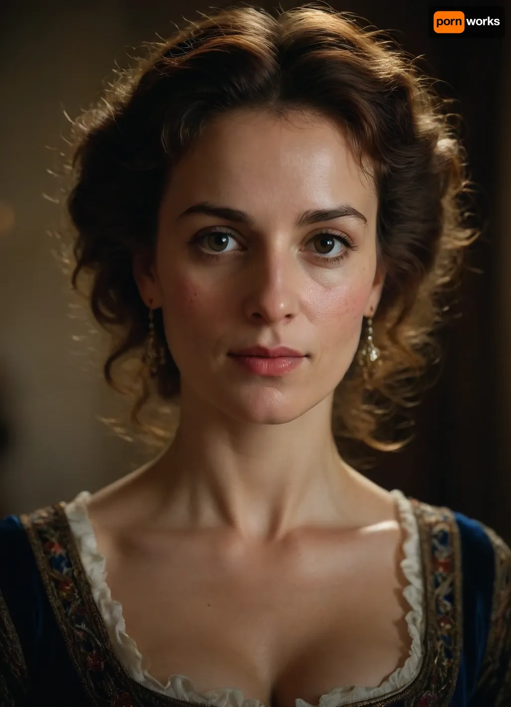 portrait of an French lady 40-years old of 14th century, detailed face, detailed hair, cleavage, Chagal style