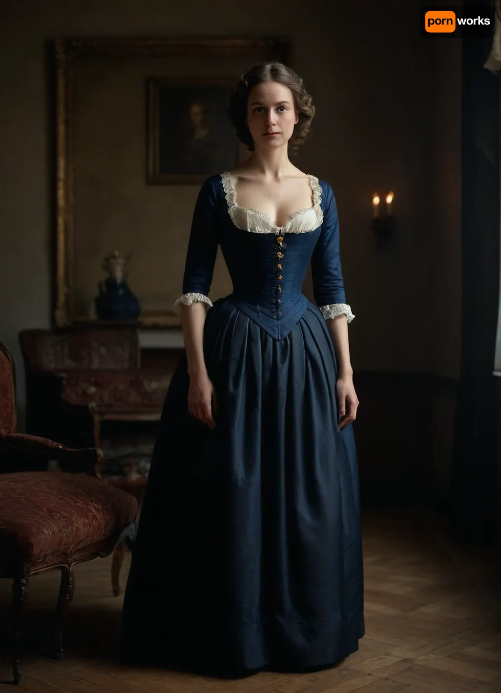 full body of a French lady 40-years old of 19th century, detailed face, detailed hair, cleavage, Vermeer style