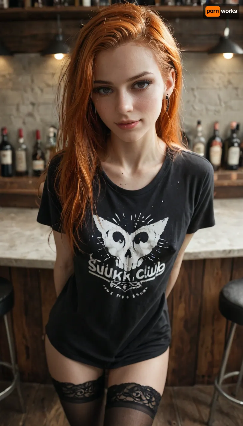 score_9, score_8_up, score_8, score_7_up, score_7, Expressiveh, masterpiece, best quality, raw photoshoot, dynamic lighting, volumetric lighting, cinematic lighting, depth of field, BREAK 1 young emo ginger haircut woman, perfect eyes, 1 girl, (small breasts), perfect hands, (bedroom), (very voluminous ginger hair), (black very long t-shirt:1.2), oversized black t shirt, (black lace garter thighhigh stockings), sggirl, emo, pale, cold, lighting, BREAK detailed face, sexy face, naughty face, detailed eyes, adorable eyes, feminine thin eyebrows, BREAK perfect hands, detailed hands, perfect fingers, detailed fingers, BREAK shy, eager look, seductive smirk, BREAK standing, arms behind back, looking at viewer, BREAK nipples slip, BREAK solo, front view, high angle, face focus, close up, BREAK night club background, indoor, modern, bar, bar counter, detailed background, <lora:SG_emo_girl_SDXL:.7>