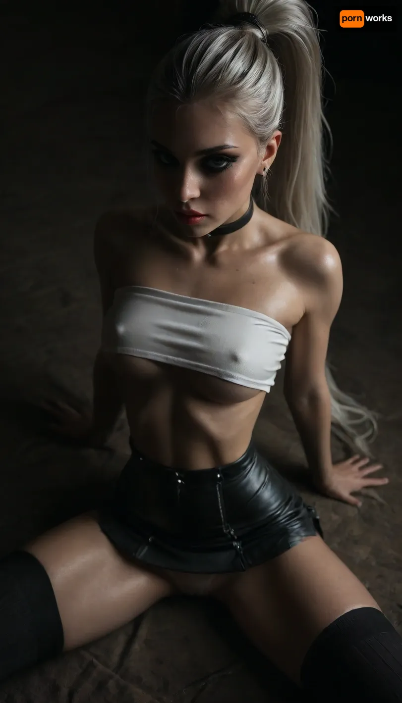 (score_7_up, score_8_up, score_9, 1girl, solo, masterpiece), oiled skin, (horny face:1.3), ((long white ponytail:1.5)), ((black leather micro skirt)), 18yo girl, (athletic skin body), (narrow waist:1.4), ((hip gap)), ziprealism, (white tube-top with underboob), erected nipples, black choker, ((sitting into the cinema)), (white g-strings), ((leather striped thigh high socks)), (view from above:2), (black background, chiaroscuro lighting:.5), (makeup:1.8), (spread her legs:1.4), (pussy cameltoe:.9), <lora:sunnyrayyxo_v1_SDXLBase:.4>, <lora:dark:.4>