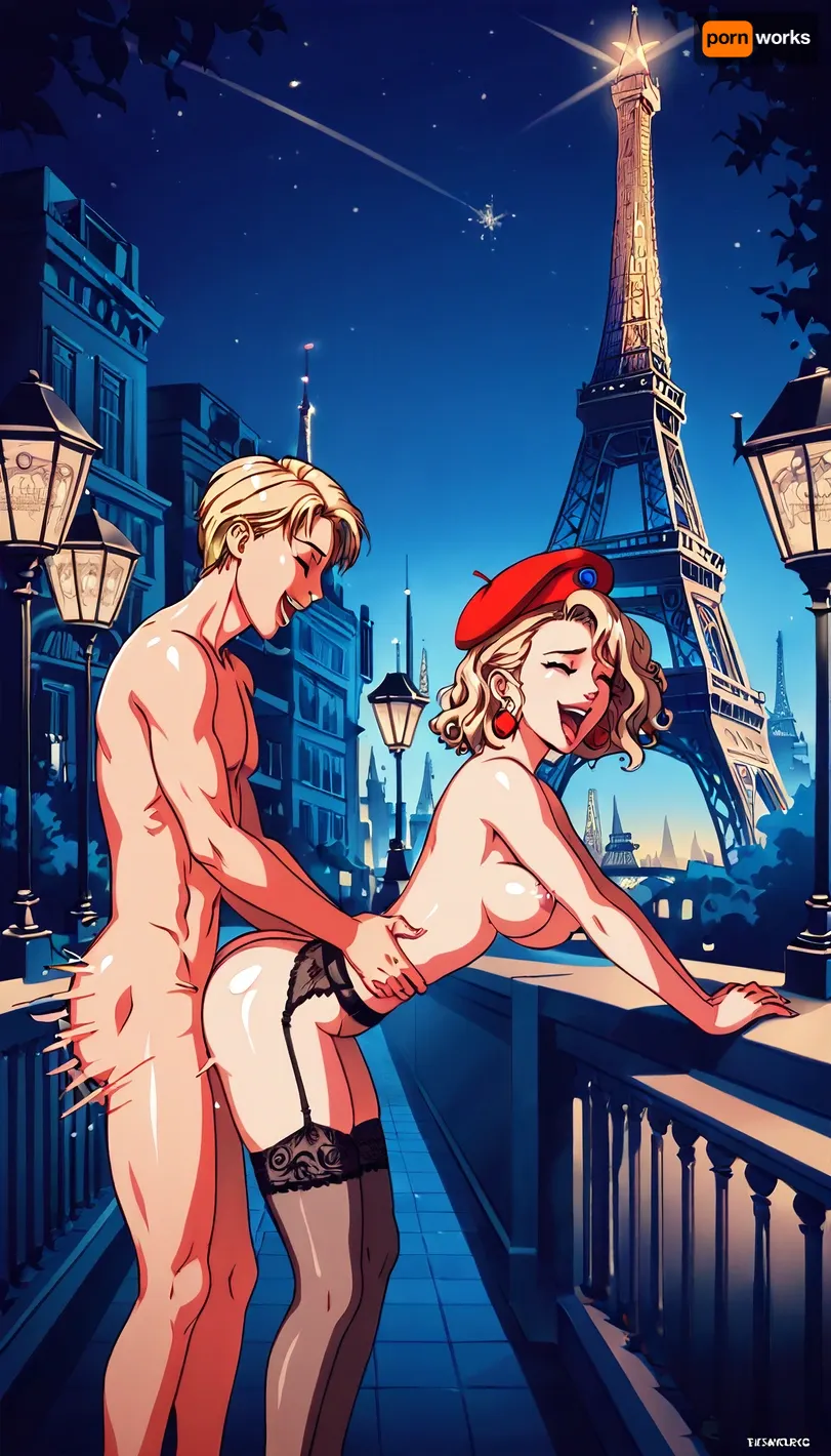 80s anime style, Flat colors, illustration of a nude French girl in tilted beret showing her ass on baroque hotel balcony, bending over, ass back, intense standing doggystyle sex, fast movement, motion blur, bouncing breasts, knee bent, man groping her ass, laughing, garter belt, lace stockings, Paris, Eiffel tower, night, street lights, lineart, line, art, flat, colors, color, <lora:outline_xl_kohaku_delta_spv5x:.8>, <lora:lineartSDXL:.8>, <lora:NEOTOKIOXL_0.2_RC:.8>