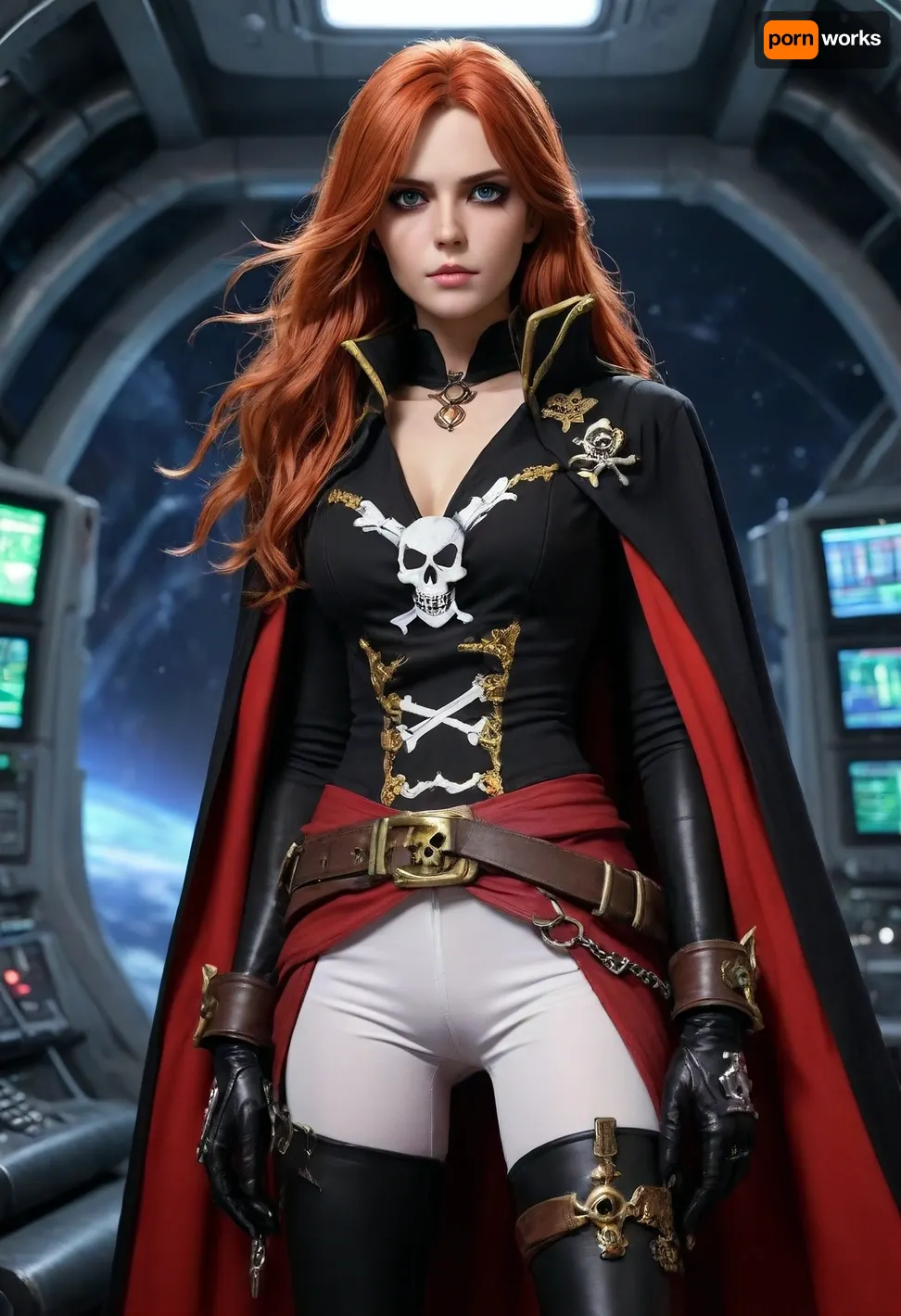 1 girl Esmeraldas, Captain Harlock, Albator, 20 years old, lavender eyes, very long ginger hair, skull hair clip, scar on left cheek, red top, (jolly roger printed on top), double belts on waist, black cloak, red-lined cape, white gloves, tight black trousers, thigh gap, long black boots, long sword in hand, in pirate spaceship, helm, control panels, radar screening, colorful blinking lights, esmeralda, woman, <lora:esmeralda woman 1a:.8>, P1r4t3LuxStyle, <lora:P1r4t3LuxStyleSDXL:.8>, <lora:detailed_notrigger:.8>