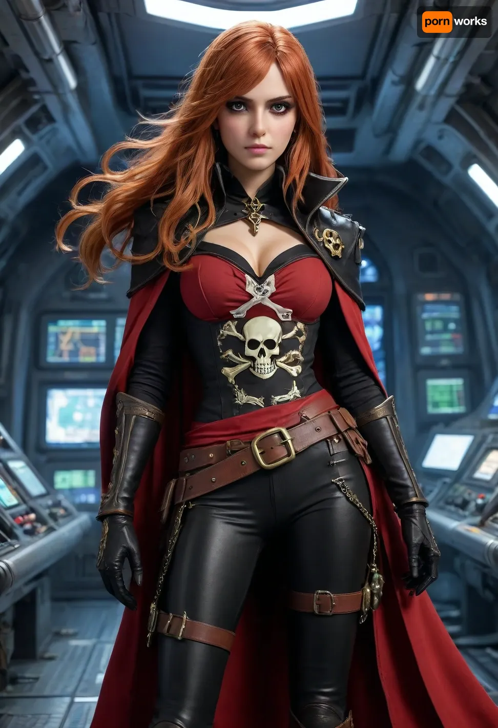 1 girl Esmeraldas, Captain Harlock, Albator, 20 years old, lavender eyes, very long ginger hair, skull hair clip, scar on left cheek, red top, (jolly roger printed on top), double belts on waist, black cloak, red-lined cape, white gloves, tight black trousers, thigh gap, long black boots, long sword in hand, in pirate spaceship, helm, control panels, radar screening, colorful blinking lights, esmeralda, woman, P1r4t3LuxStyle, <lora:esmeralda woman 1a:.8>, <lora:P1r4t3LuxStyleSDXL:.8>, <lora:detailed_notrigger:.8>