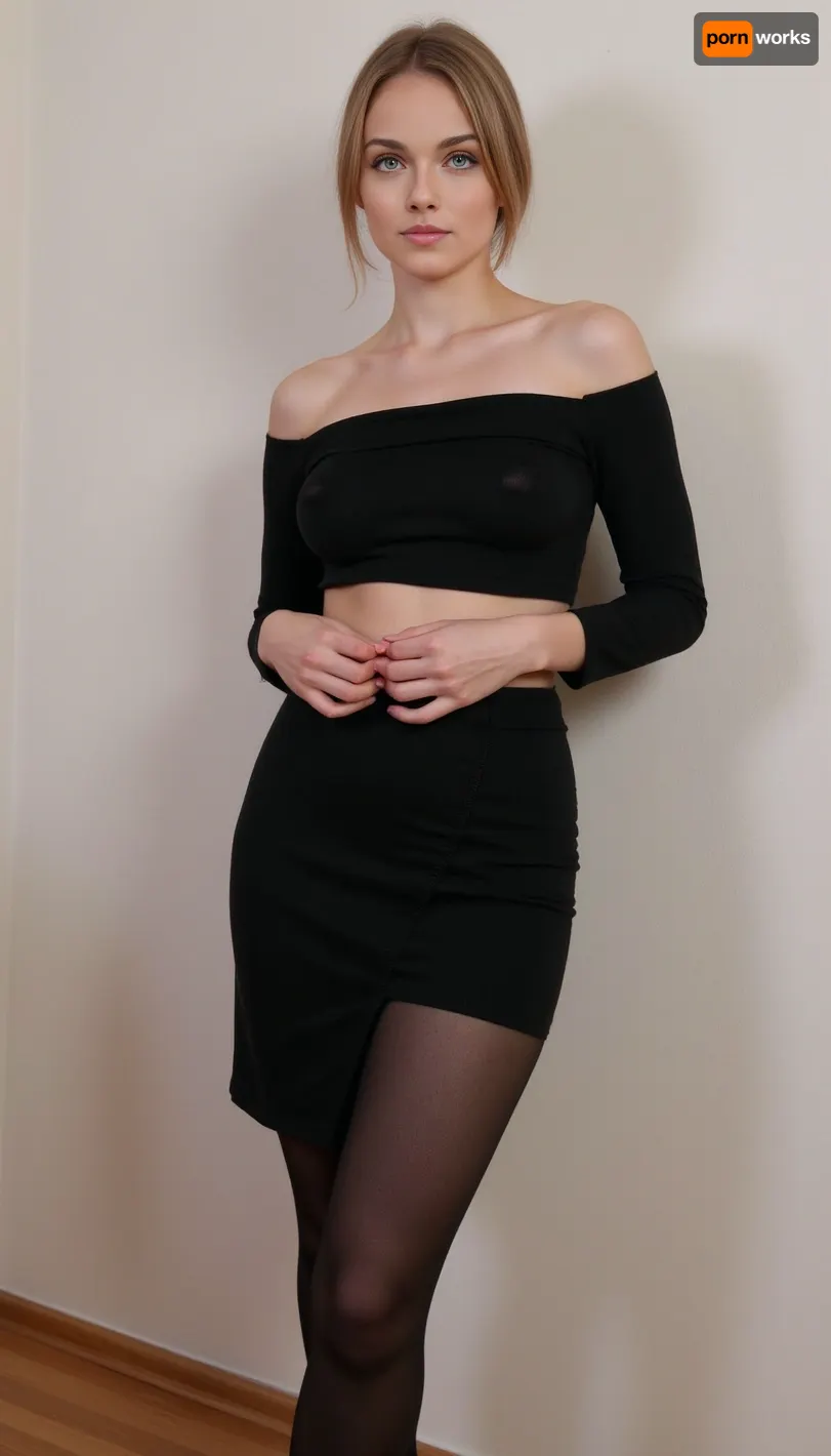 black top, black skirt and black stockings, medius tits, medium ass, small body
