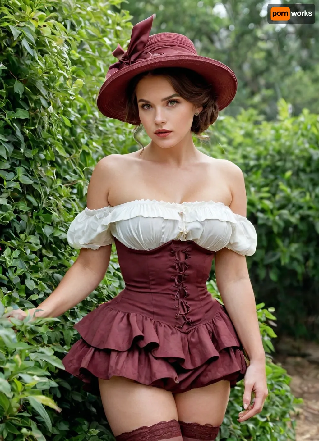 (watercolor), 5, (pastel), high detail, detailed, depth of field, dynamic lighting, masterpiece, detailed_eyes, high_quality, best_quality, high_resolution, (watery_colors), pencil lines, smooth color transitions, vivid_colors, liner, sharp transition, thick bushes, old garden, (female figure in bushes), half hidden by leaves, in old-fashioned dress, full skirt, puffed sleeves, frills and ruffles, burgundy dress, bare shoulders, bare neck, lacing, bonnet hat, dark green hat, brown hair, drill hairstyle, many drills, round face, chubby cheeks, adult, full lips, gray eyes, open forehead, even parting, stands with back to viewer, (huge ass), white bloomers, (bloomers pulled down), bare buttocks, clothes in disarray, skirt hiked up, stockings pulled down, stockings half off, old-fashioned stockings, (stunned), surprised, (adjusting bloomers with hands), disheveled, blushing, plump woman, sexy, caught, (bare ass), off guard