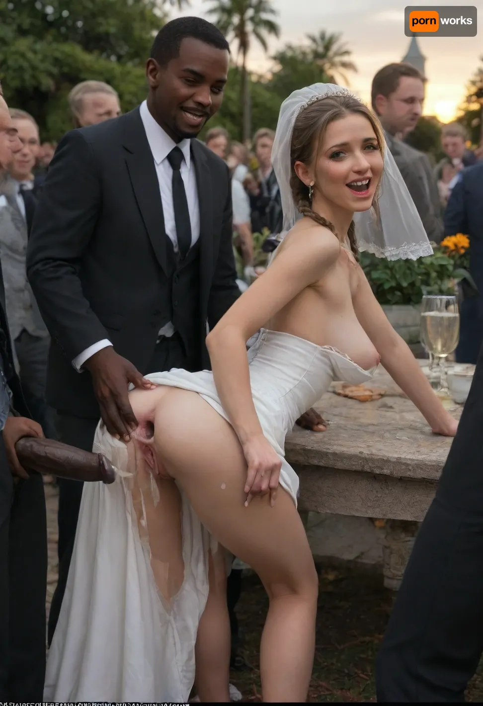 ((interracial:1.3)), A petite skinny tiny bimbo bride, perfect nature, (autumn colors), she will be fucked outside in the German beergarden, (analsex:1.6), (Extreme giant cocks:1.2), (open smile mouth:1.2), (She doing doggystyle on the table and get fucked from behind:1.2), (view from the side:1.2), (extreme gaping vagina), (massive cumshots), (short pink braids), (she wear bride costume), cum covered, she have large silicone breasts and small nice ass, (she will be anal fucked from two African men:1.2), they are full clothed in pantsuit, (((public beergarden, crowded, people around))), Sunset, 2boys, hon, (white, bridal, dress, veil:1.5)