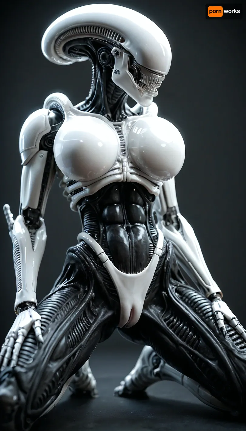 solo Close up of sensual stunning female xenomorph Sensual, erotic, female xenomorph body, female xenomorph exaggeratedly swollen pussy, extreme pussy cameltoe, overflowing female xenomorph pussy, female xenomorph black skin, female xenomorph legs, female xenomorph feet, ((((perfect white robotic hourglass body)))), ((((white robotic face)))), ((((robotic hair)))), ((((super detailed big round white robotic breasts)))), ((((white robotic fullbody))))