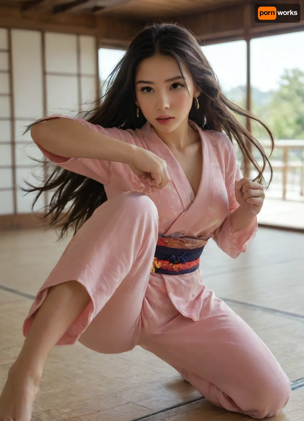 japaness girl, solo 19yo, long hair, dark hair, japan dojo place, midle breast, kimono outfit, fighting trainig, agame, outfit training, kicking, black eyes, brown, perfecteyes, 4ng3l, face, <lora:PerfectEyesXL:.8>, <lora:CinematicStyle_v1:.8>, <lora:SDXL_BetterFaces-LoRA_v1:.8>