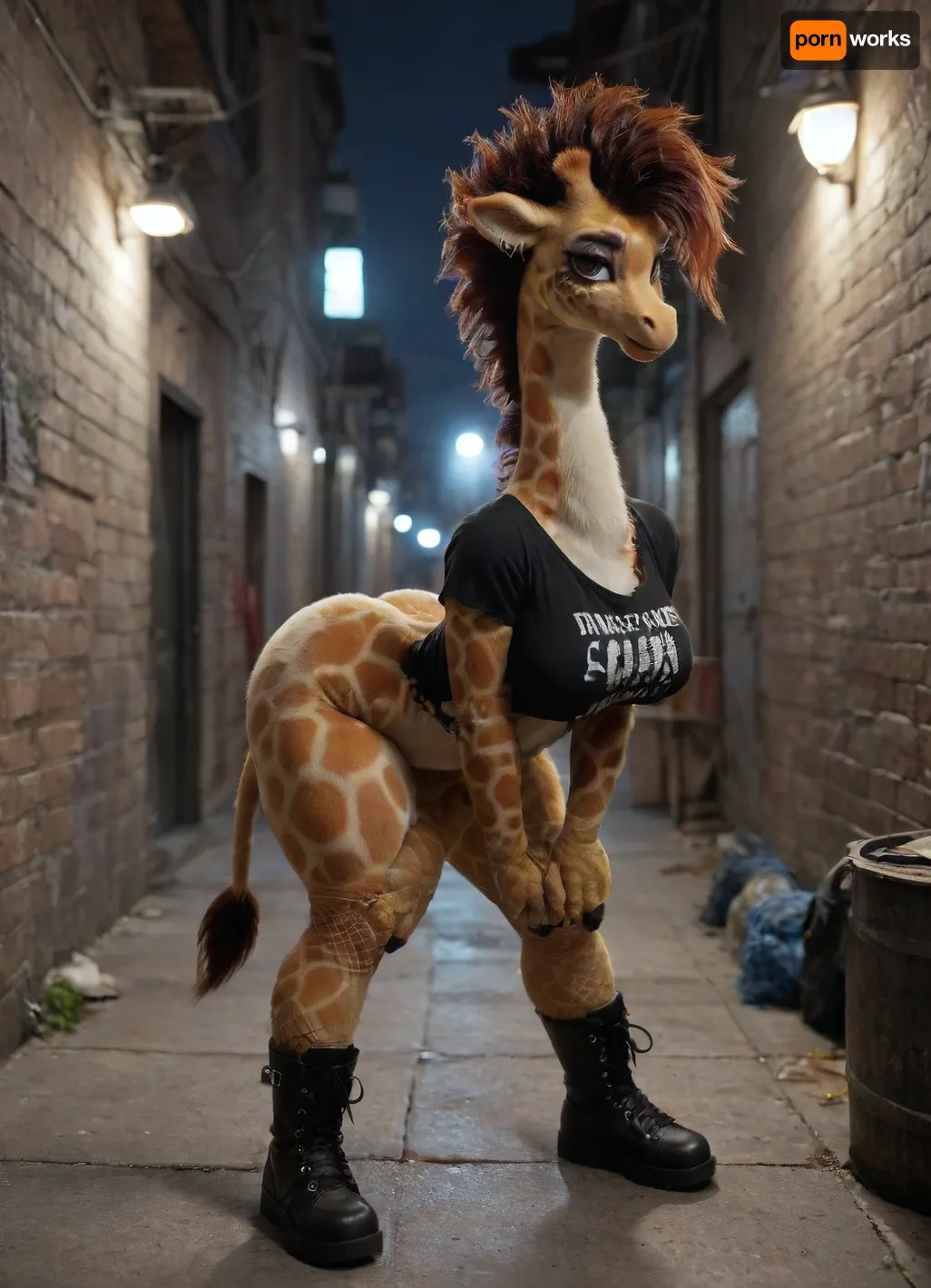 (((a furry female giraffe posing in a dark alley at night))), bending over, big round booty, huge tits, spotted fur, heavy makeup, hourglass figure, wearing torn shirt, black combat boots, fishnets, pink miniskirt, 8k, masterpiece, insanely detailed, weepinbell, fursuit, 80s, punk, clothing, bmbplora, <lora:FursuitXL:1>, <lora:80s_punk_clothing:.8>, <lora:bimboxl_02:.7>
