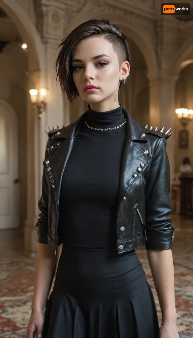 (masterpiece, best quality:1), 1 czech 25yo woman, famous pop singer, (she wears a high neck black velvet jacket, collar with big spikes, black tulle skirt:1.4), indoors in a opera house, (short brunette razor cut hair:1.4), (punk:1.2), brown eyes, black eyeshadows, glitter stones at the corners of the eyes, piercing in nose, photorealism, 80s, punk, clothing, <lora:80s_punk_clothing:.5>