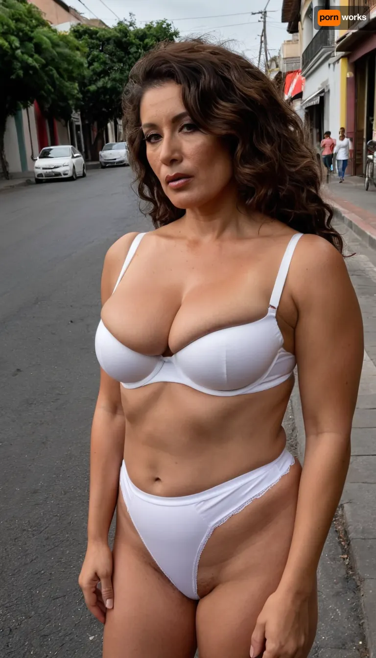 40 years old Mexican woman, wearing white brassiere, white high waisted panties, sexy mature woman, real face, brunette, skin blemishes, brown color hair, no makeup, moody, full hd, natural realistic body, wavy hair, 3/4 body view, rich Mexican street, hyper realistic photo, 8K, mature appearance, milf